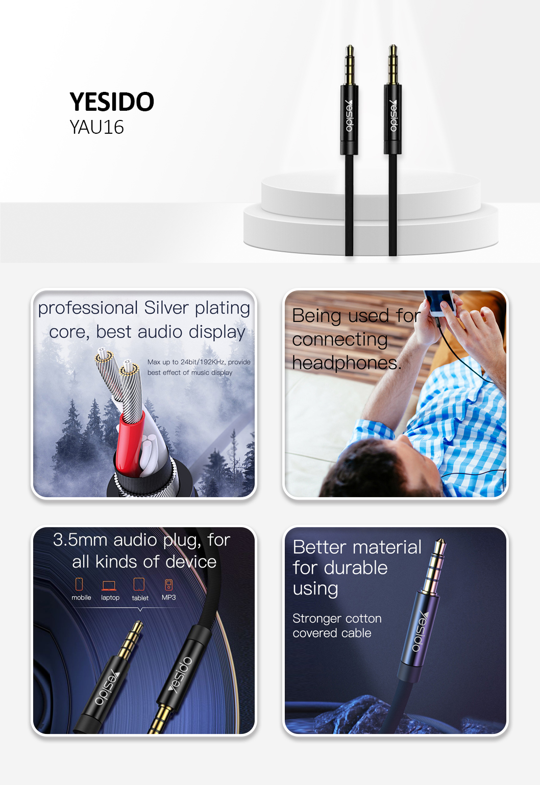 YAU16 Audio cable 3m 3.5mm to 3.5mm Black
