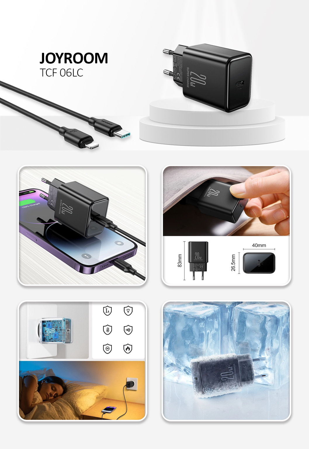 JOYROOM TCF06 Flash Series 20W USB-C/Type-C Single Port Charger Set, Specification:EU Plug(Black)