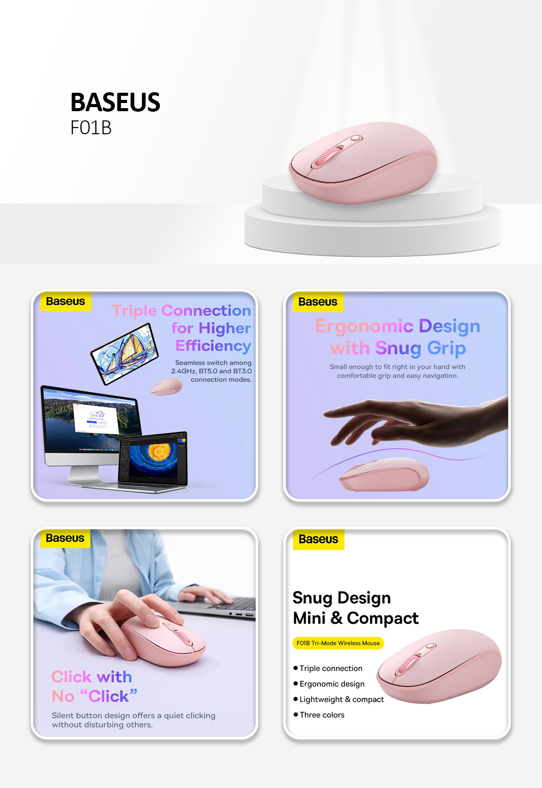 KF2315830 Baseus - Wireless Mouse Tri-Mode F01B (B01055503413-00) - Bluetooth 5.0, 2.4G, 1600 DPI - Baby Pink