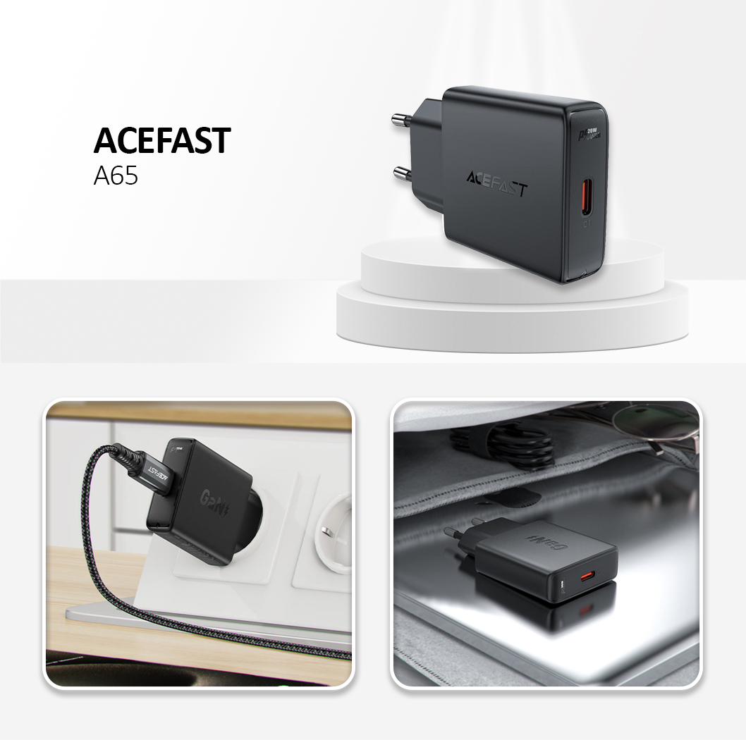 A65 PD20W GaN Single USB-C Ultra-Thin Charger Black