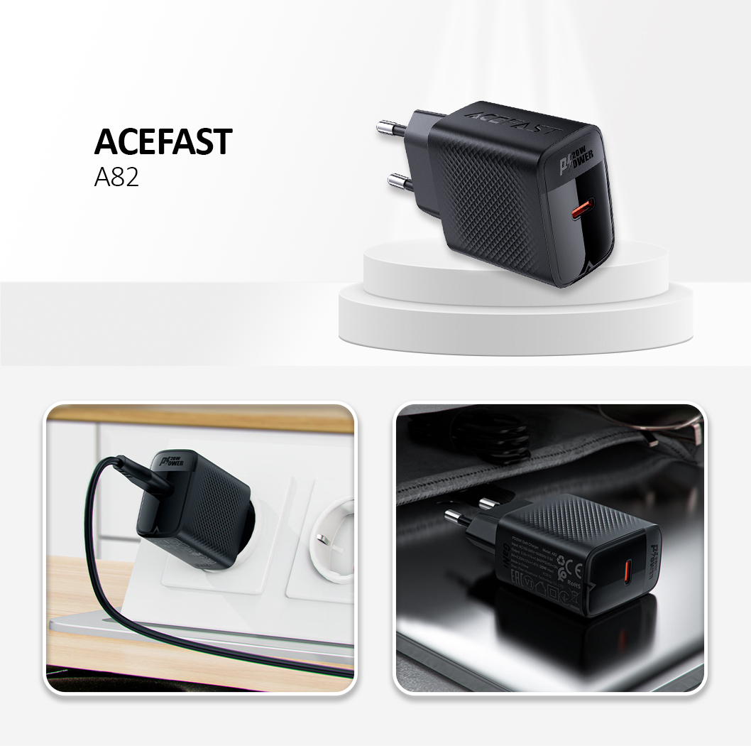 A82 PD20W GaN Single USB-C Charger Black