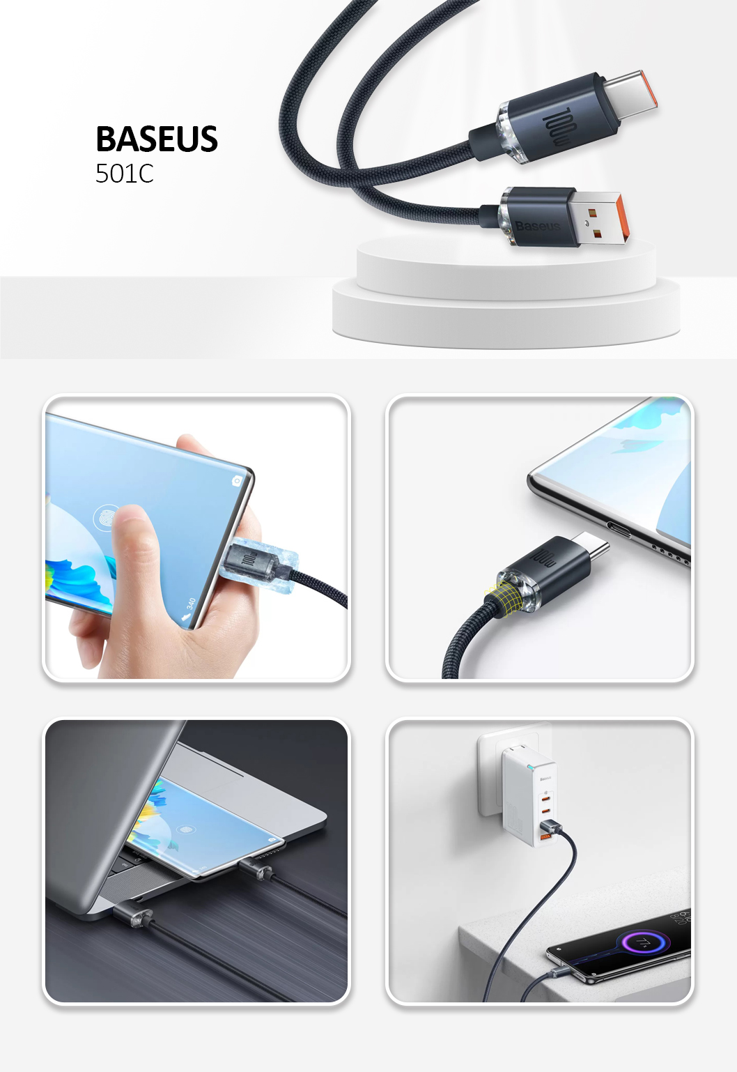 Baseus - Data Cable Crystal Shine (CAJY000501) - USB to Type-C, 100W, 2m - Black
