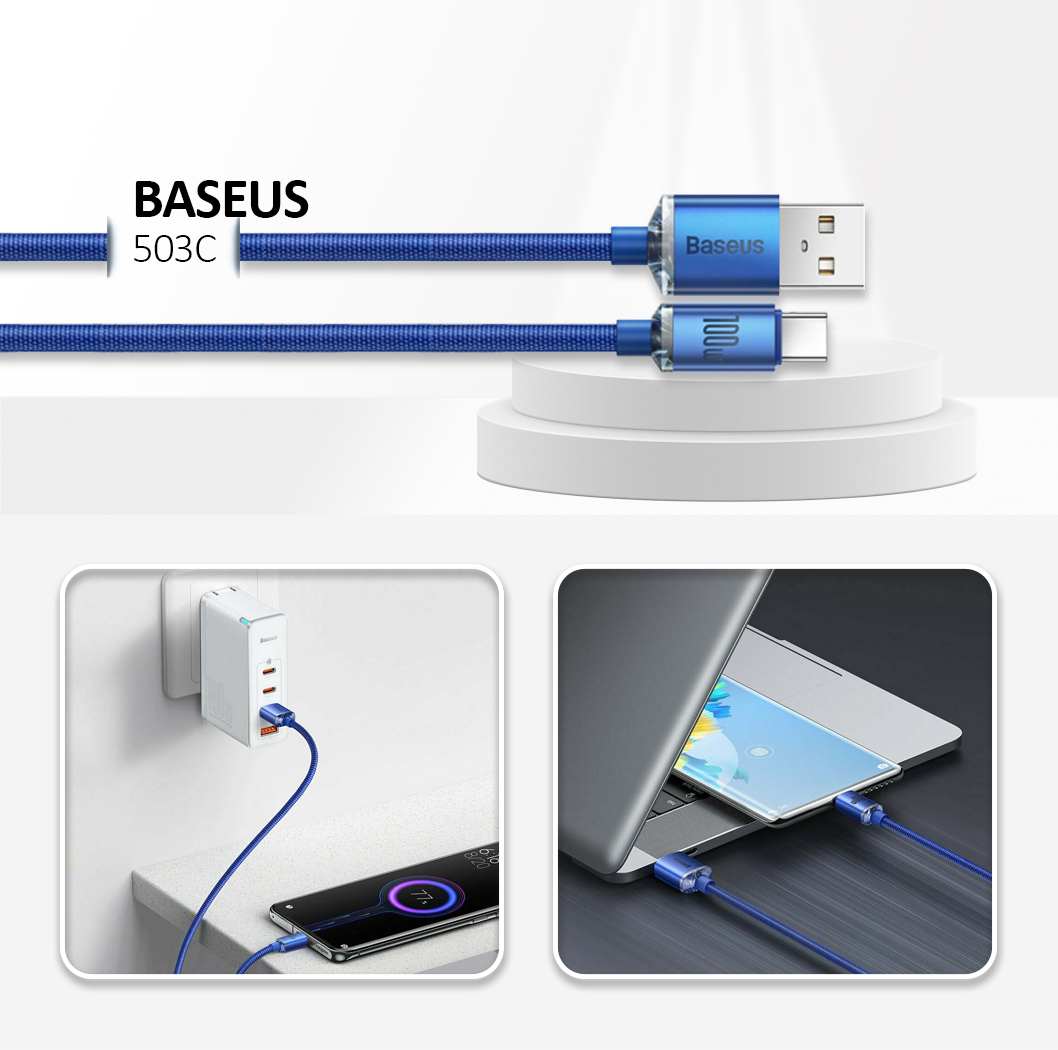 Baseus - Data Cable Crystal Shine (CAJY000503) - USB to Type-C, 100W, 2m - Blue