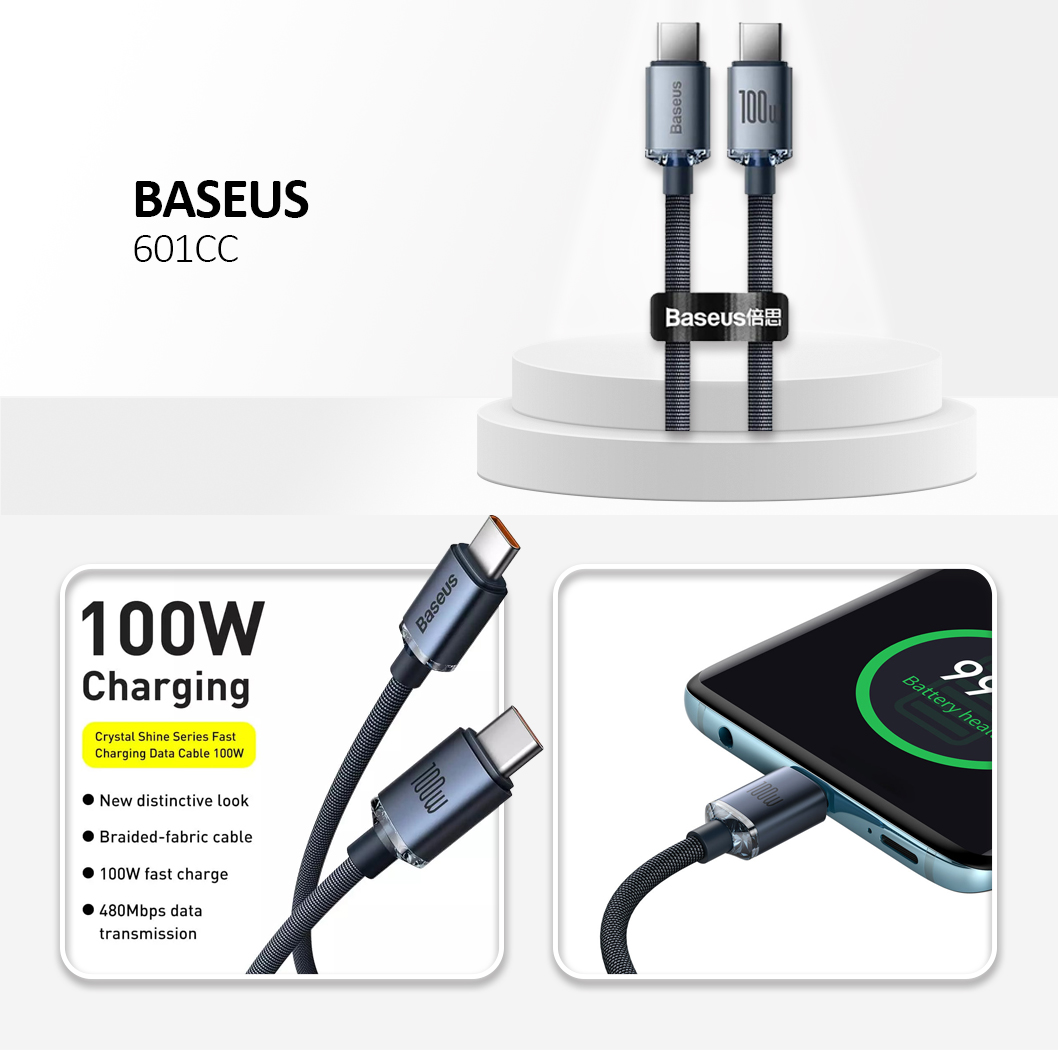 Baseus - Data Cable Crystal Shine (CAJY000601) - Type-C to Type-C, 100W, 1.2m - Black