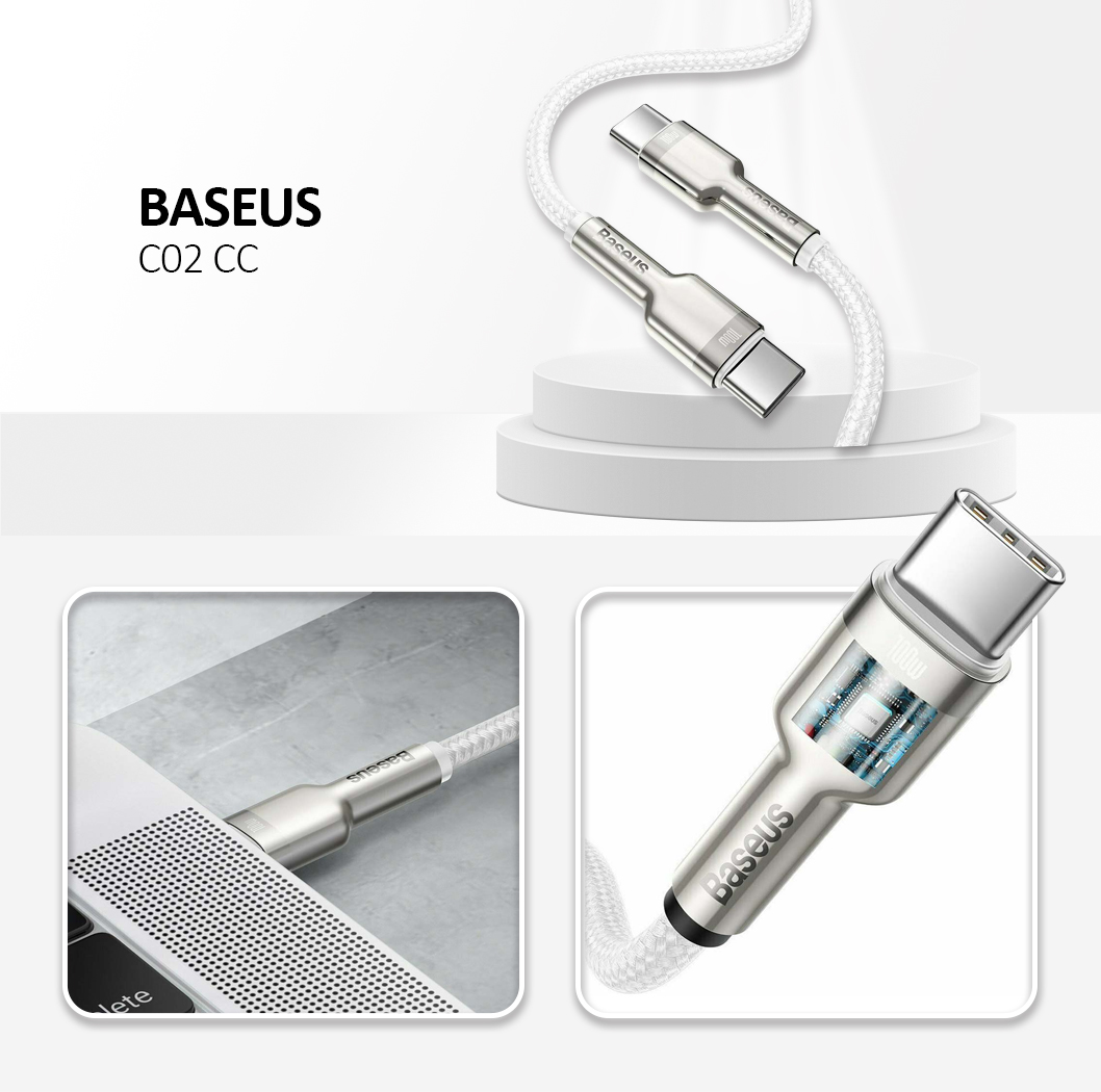 Baseus - Data Cable Cafule Series Metal (CATJK-C02) - Type-C to Type-C, Super Fast Charge, 100W, 480Mbps, 20V, 5A, 1m - White