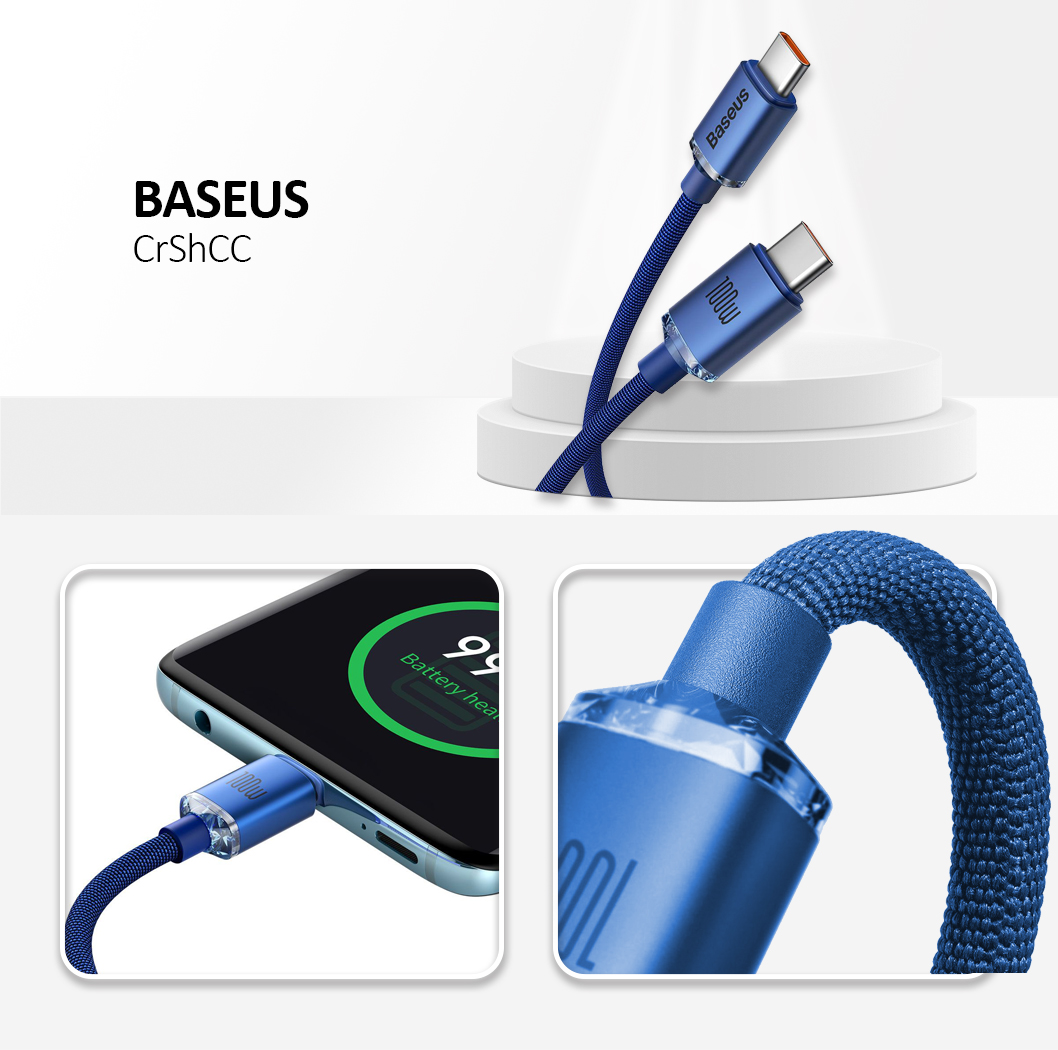 Baseus - Data Cable Crystal Shine (CAJY000603) - Type-C to Type-C, 100W, 1.2m - Blue