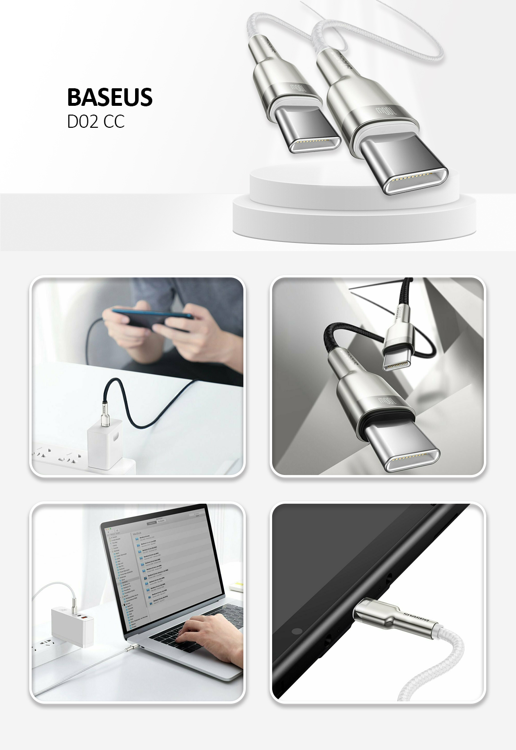Baseus - Data Cable Cafule Series Metal (CATJK-D02) - Type-C to Type-C, Super Fast Charge, 100W, 480Mbps, 20V, 5A, 2m - White
