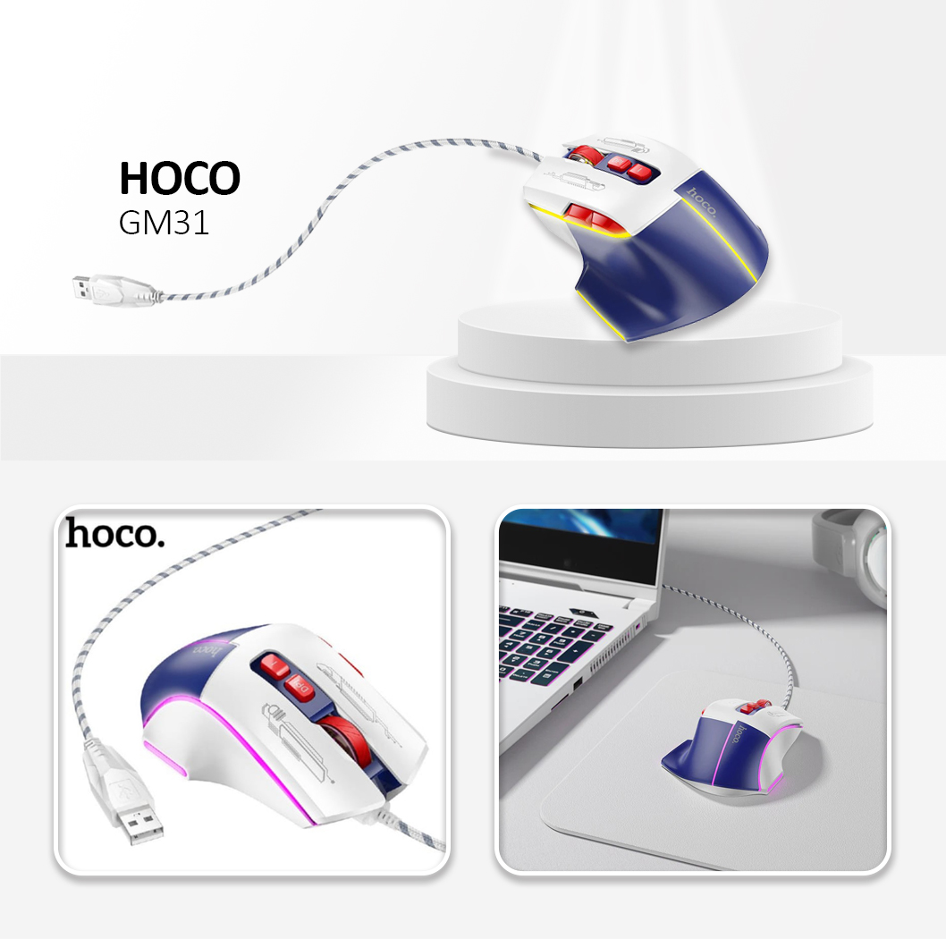 HOCO Gaming Wire USB A Computer Mouse 3600DPI White Blue