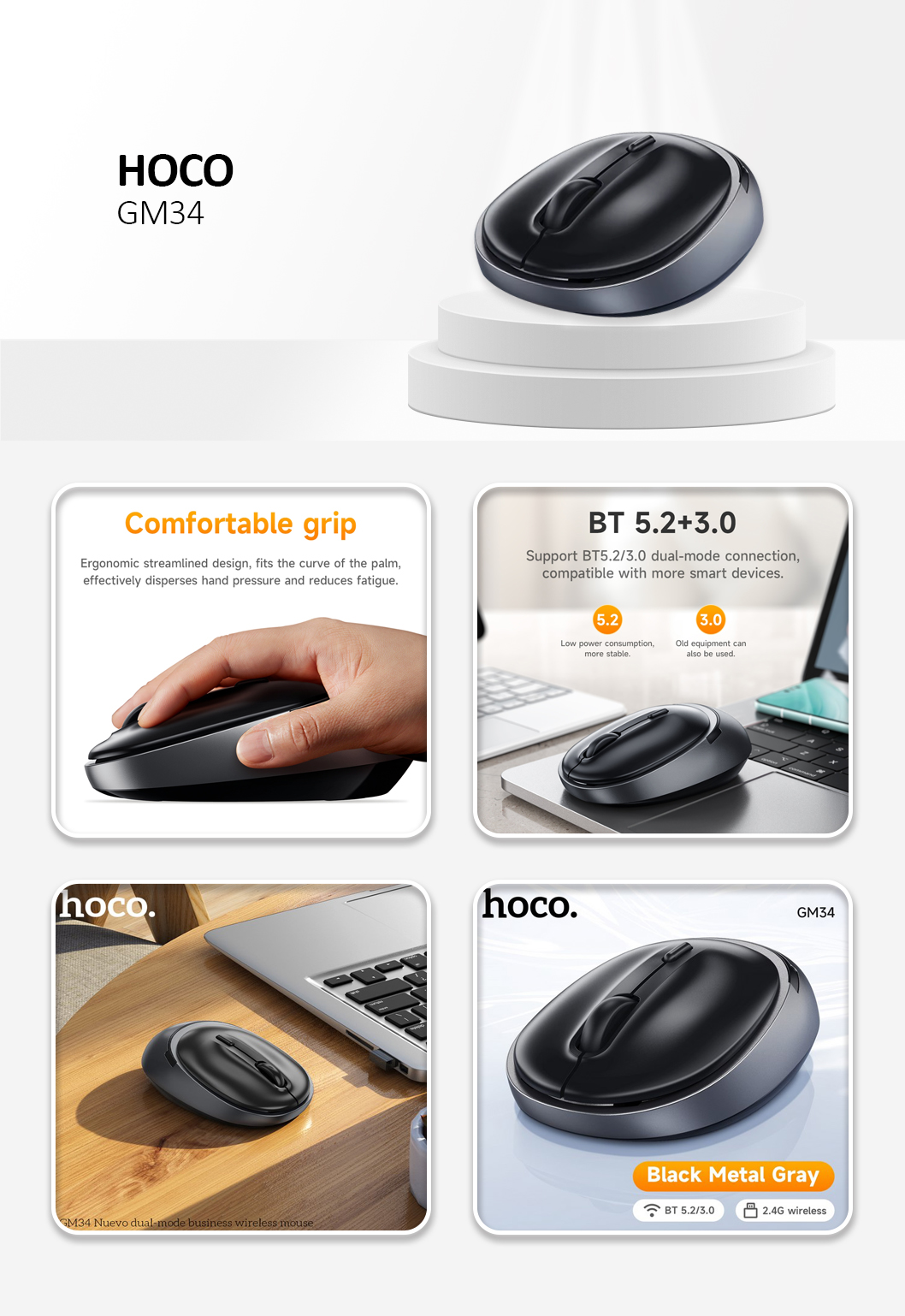 HOCO Computer Wireless Mouse 2,4G 1600 dpi GM34 Metal Gray