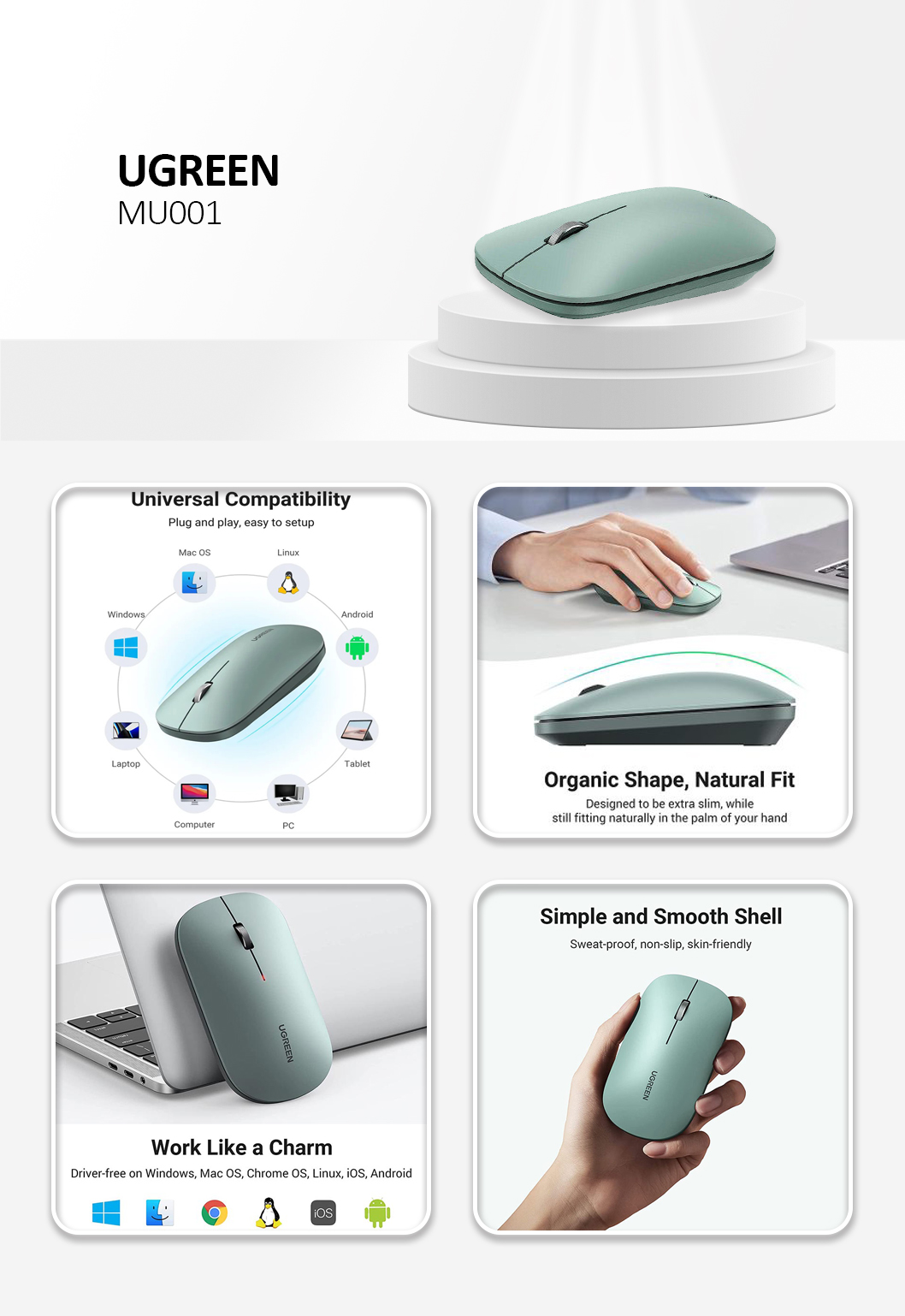 Ugreen - Wireless Mouse (90374) - Slim Design, Dual Mode, Adjustable DPI (1000-4000) - Green