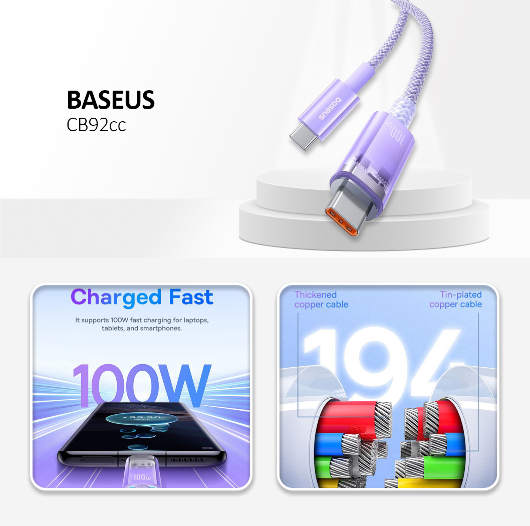 Baseus - Data Cable Gem (P10373000511-00) - Type-C to Type-C, Super Fast Charging 100W, 1m - Nebula Purple