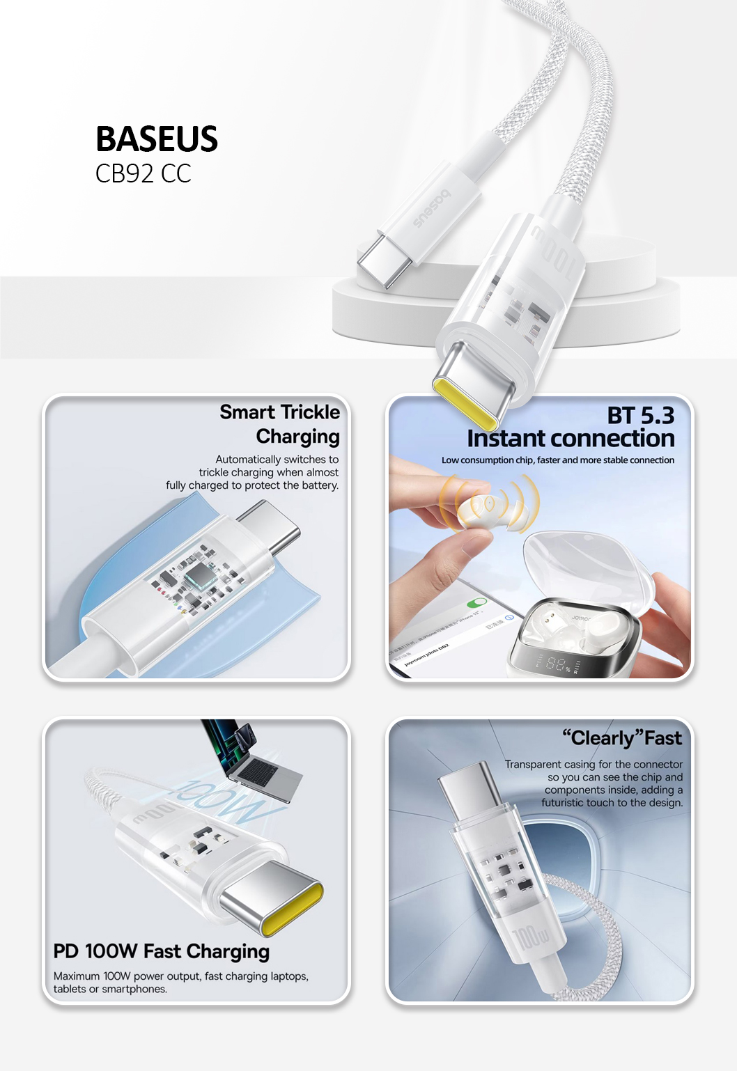 Baseus - Data Cable Gem (P10373000211-00) - Type-C to Type-C, Super Fast Charging 100W, 1m - Moon White