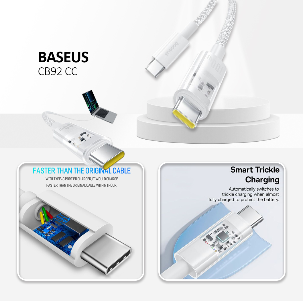 Baseus - Data Cable Gem (P10373000211-01) - Type-C to Type-C, Super Fast Charging 100W, 2m - Moon White