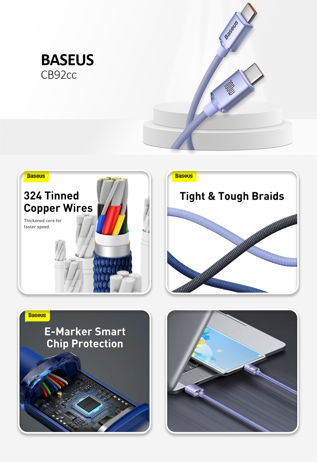 Baseus - Data Cable Gem (P10373000311-01) - Type-C to Type-C, Super Fast Charging 100W, 2m - Galaxy Blue