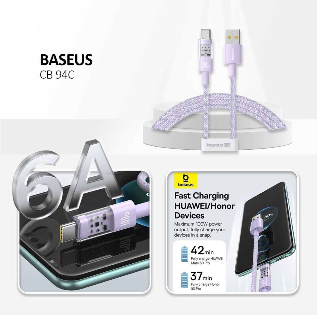 Baseus - Data Cable Gem (P10373002511-00) - USB to Type-C, Super Fast Charging 100W, 1m - Nebula Purple