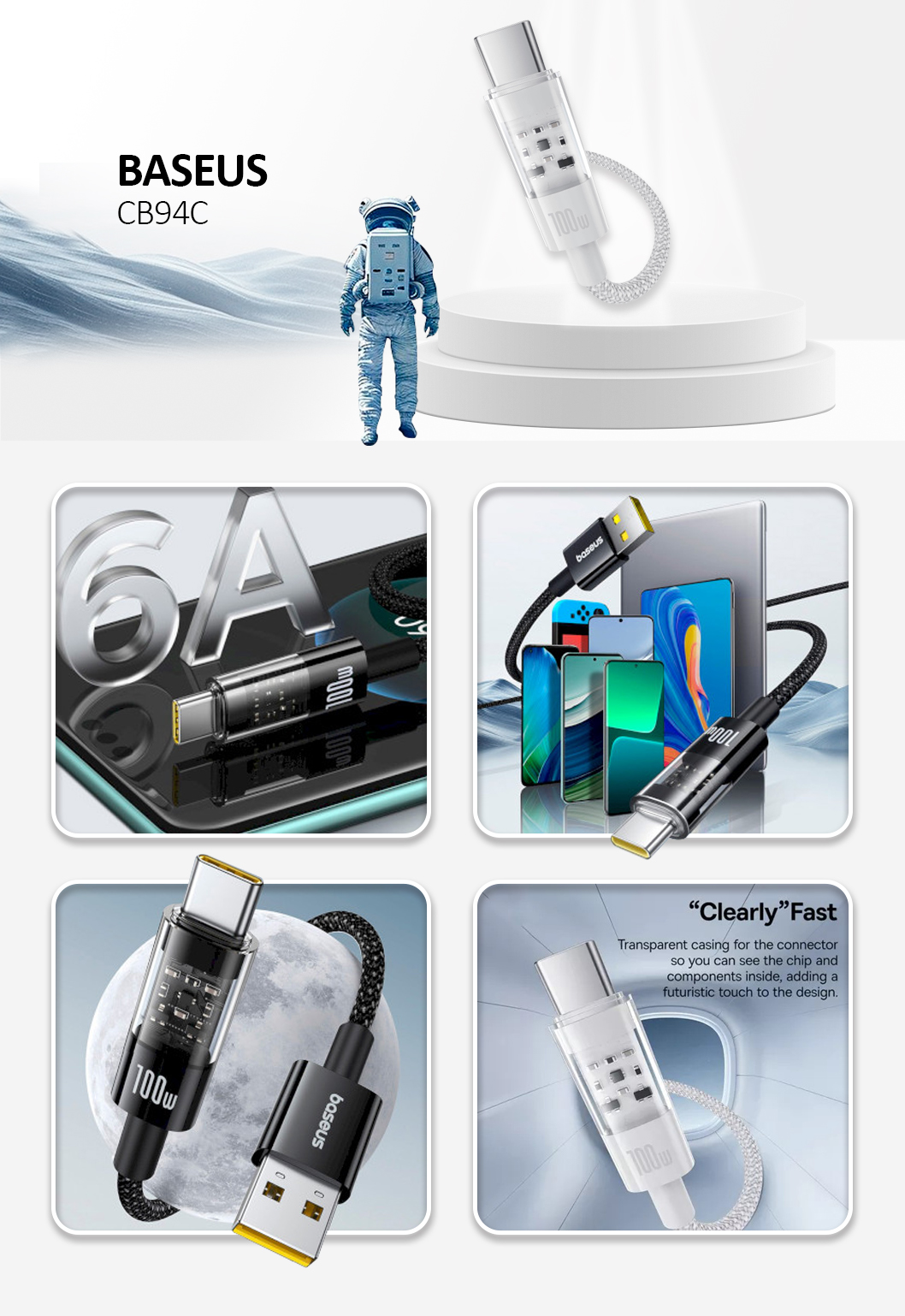 Baseus - Data Cable Gem (P10373002211-01) - USB to Type-C, Super Fast Charging 100W, 2m - Moon White