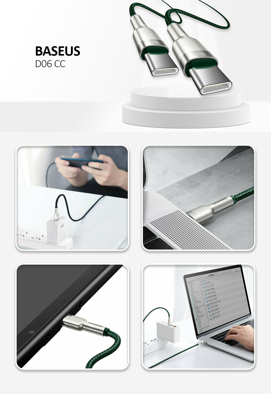 Baseus - Data Cable Cafule Series Metal (CATJK-D06) - Type-C to Type-C, Super Fast Charge, 100W, 480Mbps, 20V, 5A, 2m - Green
