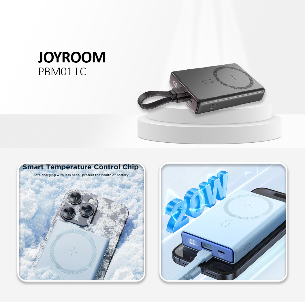 20W Magnetic Wireless Power Bank with Built-in Cable & Kickstand 10000mAh, Black Color