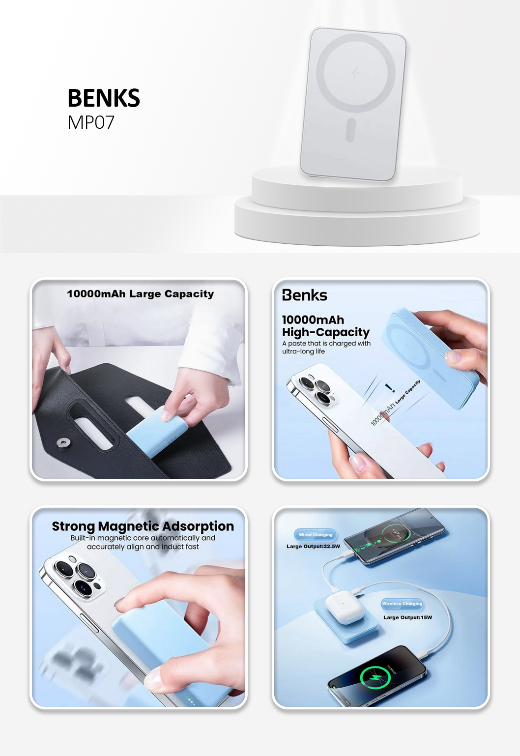 BENKS MP07 Magnetic Back Clip Phone Battery 10000mAh Power Bank Portable Phone Charger - White