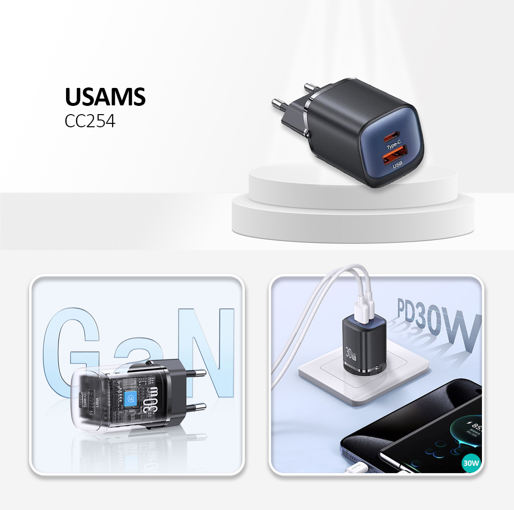 USAMS CC254 30W Charger Type-C + USB-A- Black