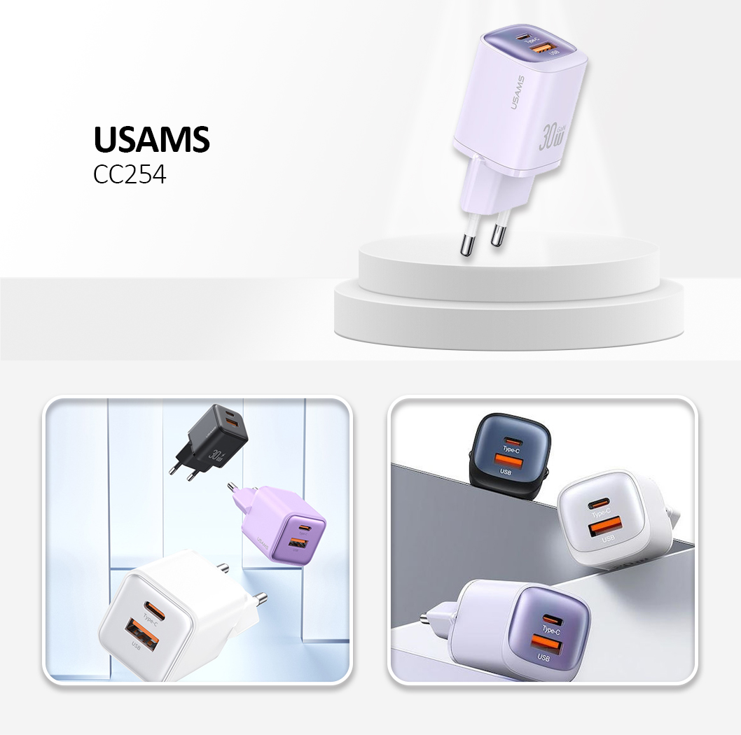 USAMS CC254 30W Charger Type-C + USB-A- Purple