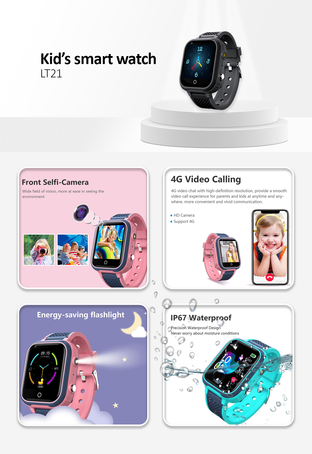 LT21 1.4-inch IPS Touch Screen Kids Smart Watch Step Counter Sports Watch Waterproof Bracelet with Camera Alarm Clock Location -