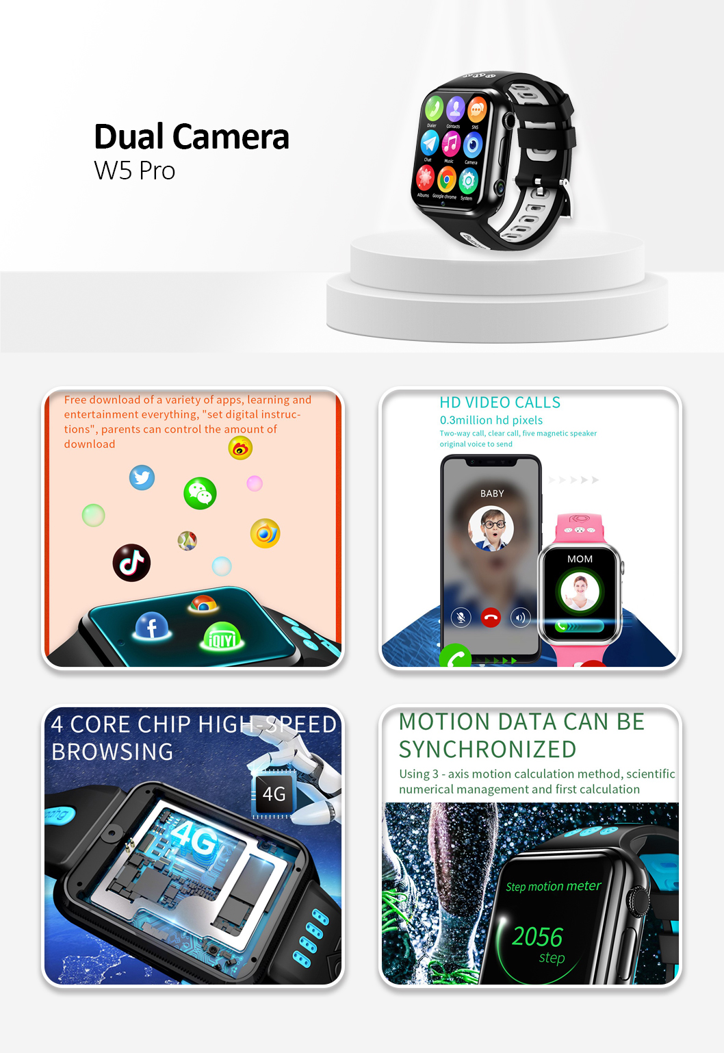 W5PRO 4G Dual Camera Kids Watch 2+16G Wear Resistant 1.83\