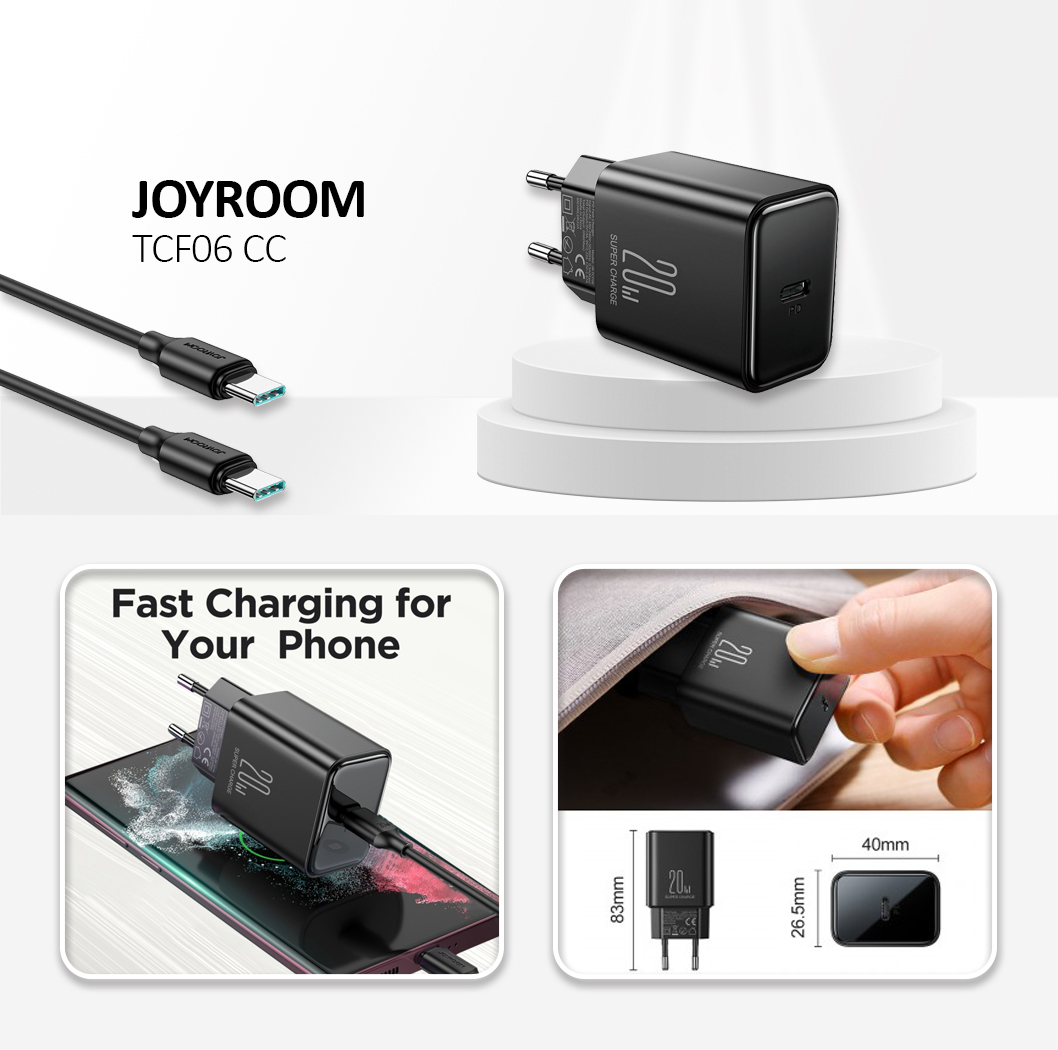 PD 20W Single-Port Charger (EU)+60W C to C Cable 1m, Black Color