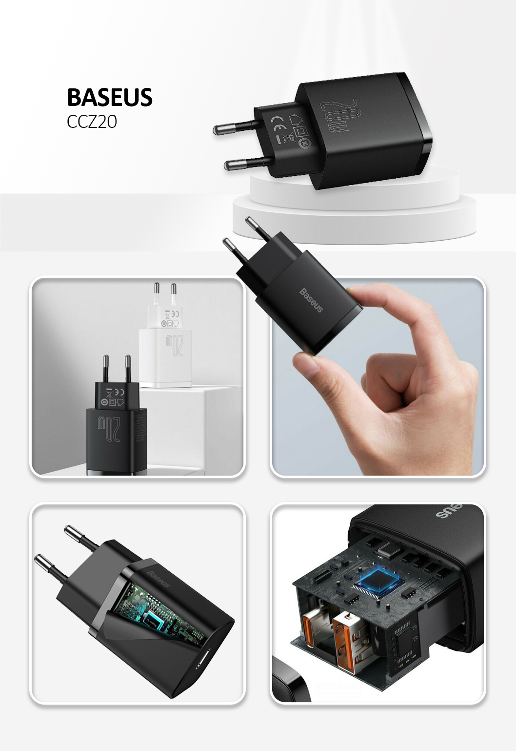 BASEUS Palm USB+Type-C Dual Port 20W Fast Charger Wall Adapter - Black