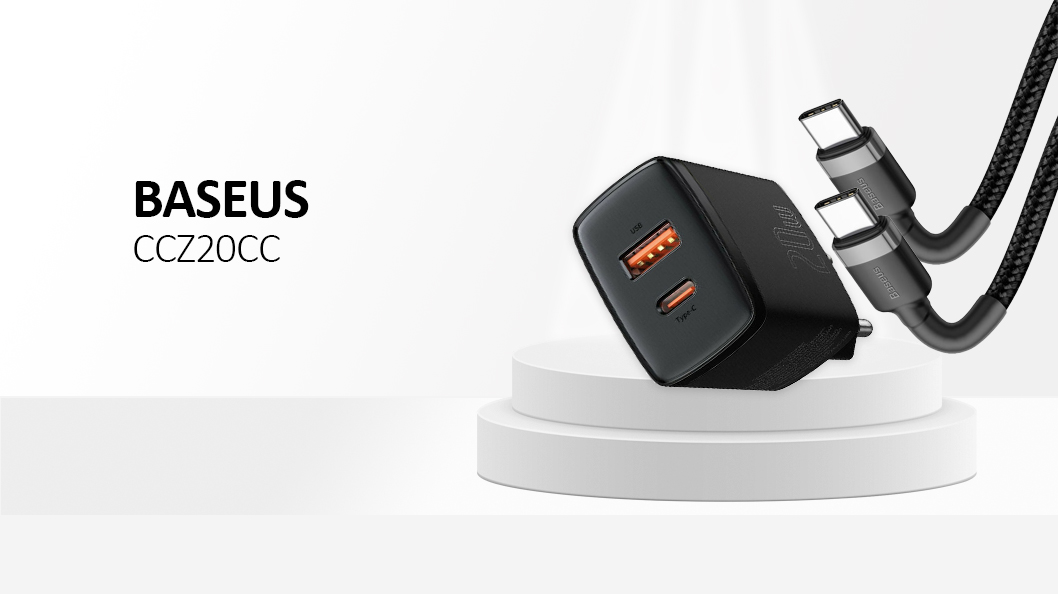 BASEUS Palm USB+Type-C Dual Port 20W Fast Charger with 60W Type-C Cable - Black