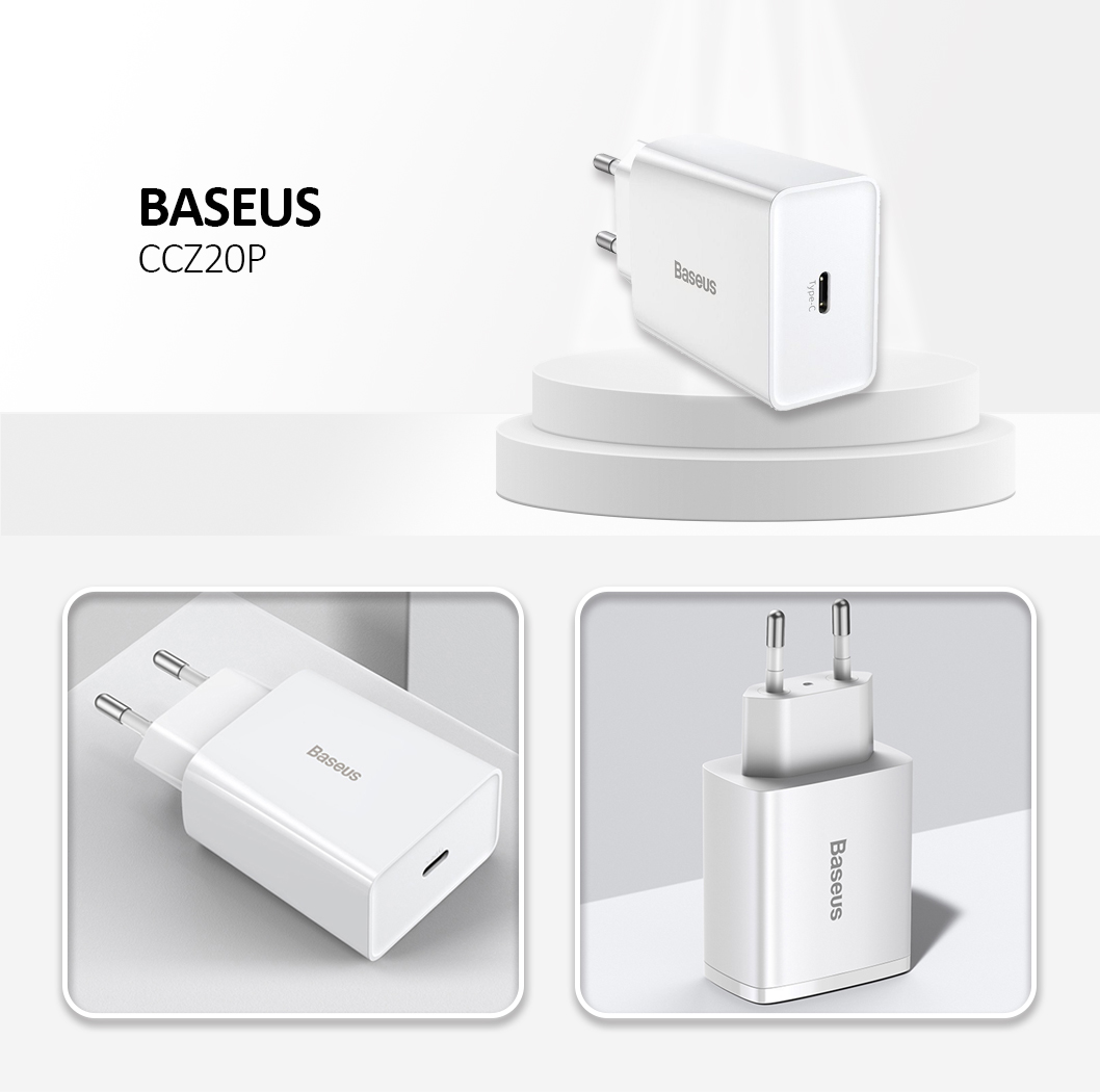 BASEUS Palm USB-C Single Port 20W Fast Charger EU Plug Wall Charging Adapter - White