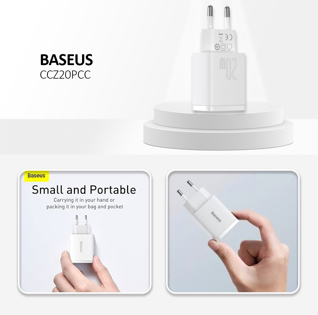 BASEUS  USB+Type-C Dual Port 20W Fast Charger Adapter with 60W Type-C Cable - White