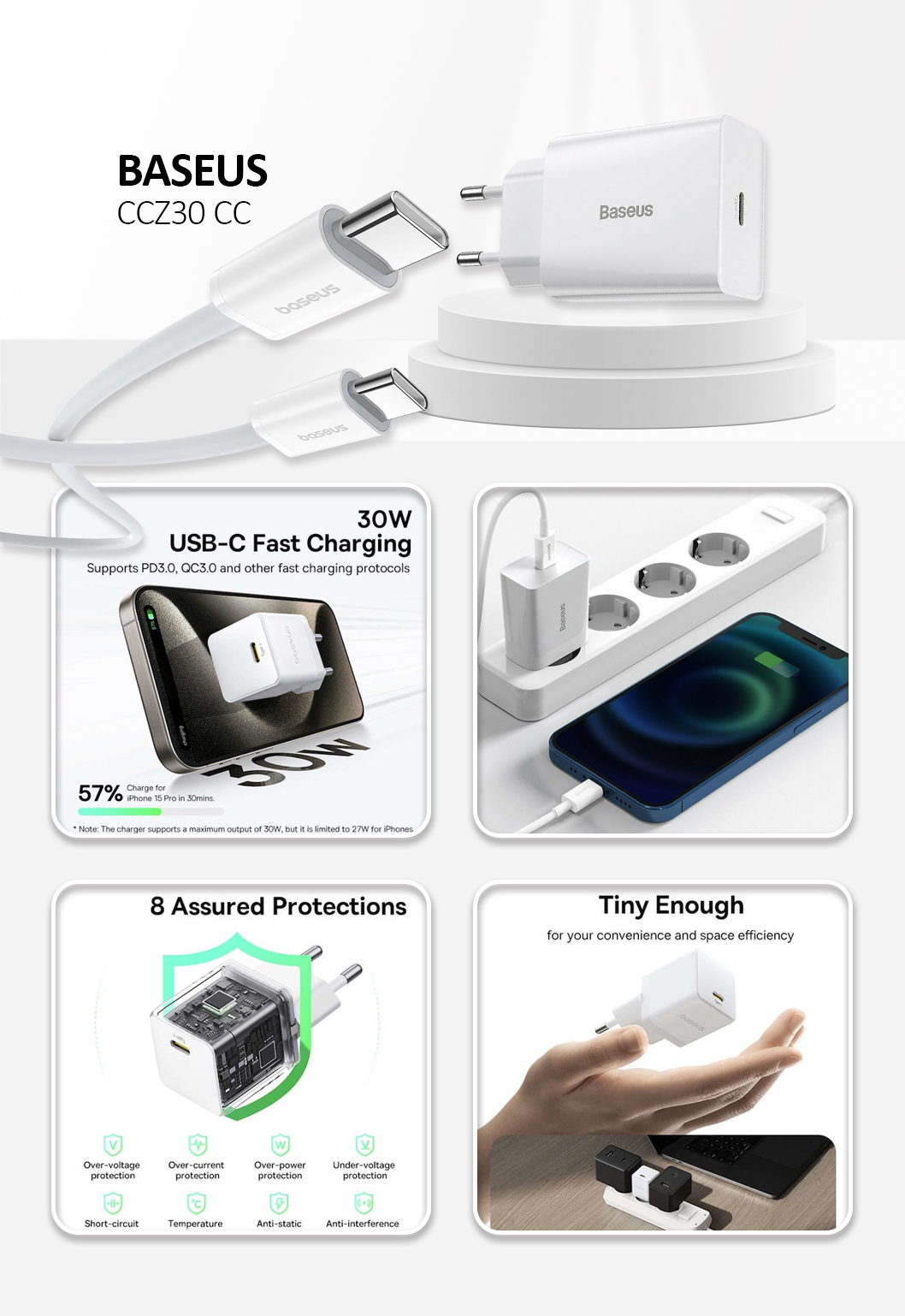 BASEUS Palm Fast Charger 30W Type-C Single Port  Adapter with 60W Type-C Cable - White