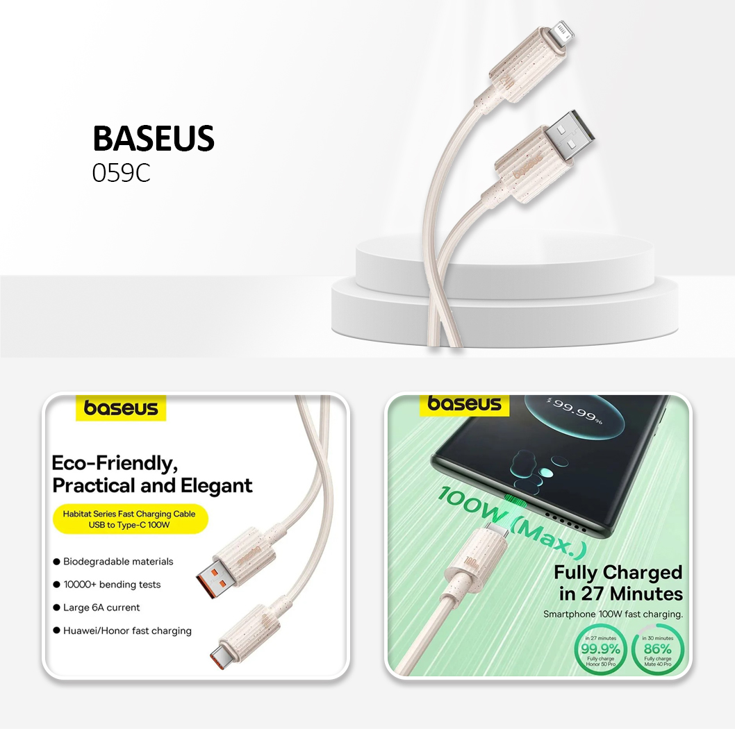 Baseus - Data Cable Habitat Series - USB to Type-C, Fast Charging, 100W, 480Mbps, 2m - Wheat Pink
