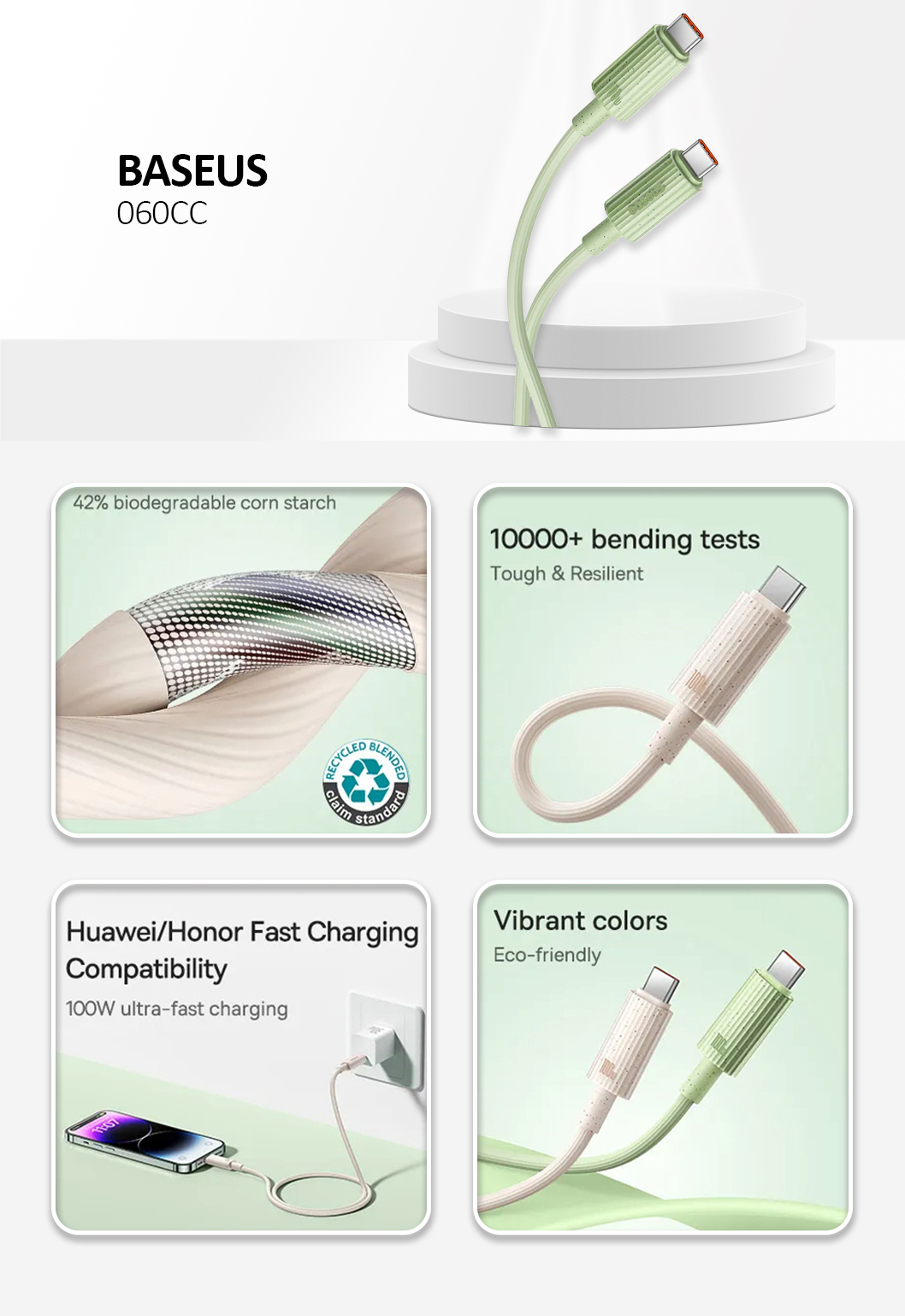 Baseus - Data Cable Habitat Series (P10360202631-00) - Type-C to USB-C, Super Fast Charge, 100W, 480Mbps, 1m - Natural Green