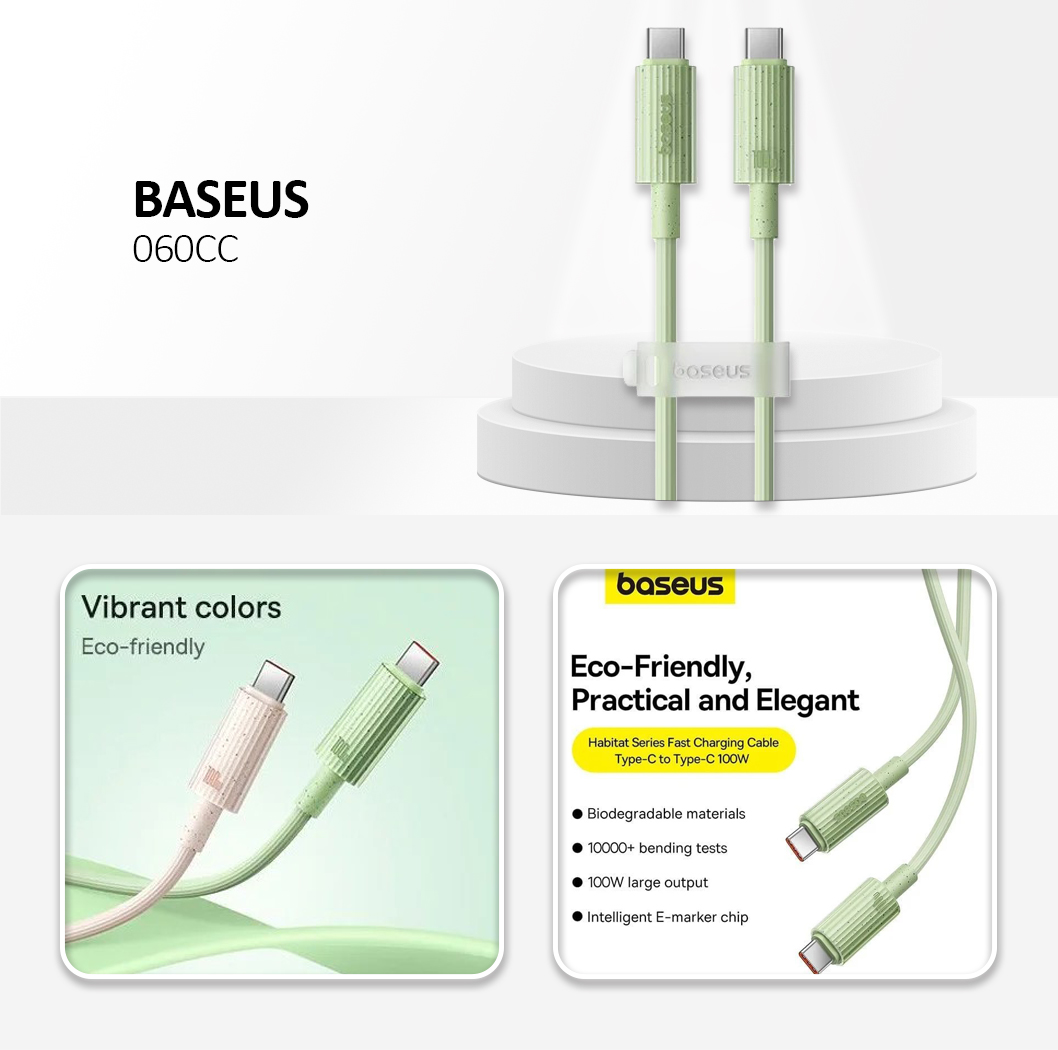Baseus - Data Cable Habitat Series (P10360202631-01) - Type-C to USB-C, Super Fast Charge, 100W, 480Mbps, 2m - Natural Green