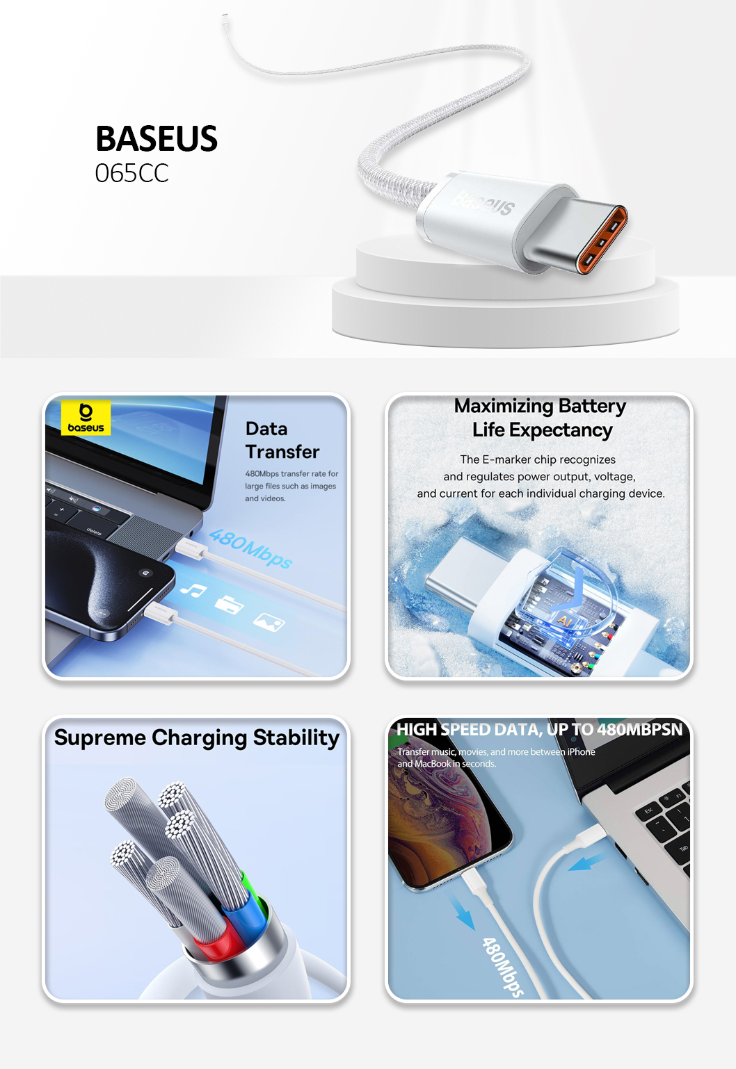 Baseus - Data Cable (P10365200211-00) - Type-C to Type-C, 30W, 1m - Moon White