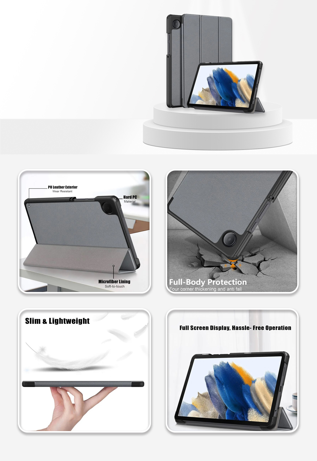 Tablet Case Tri-fold Stand Cover For Samsung Galaxy Tab A9 Grey