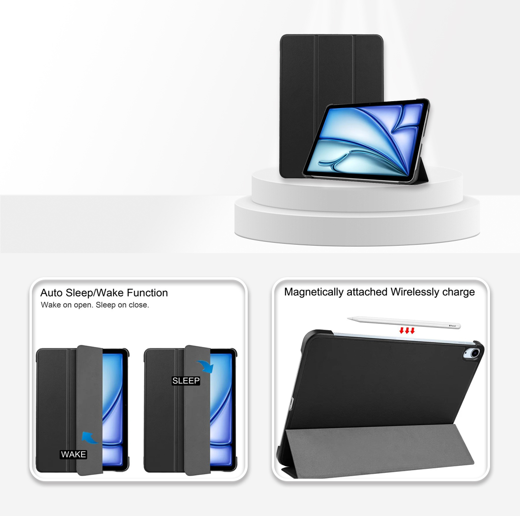 Protective Tri-fold Stand  Cover For iPad Air 11 Black