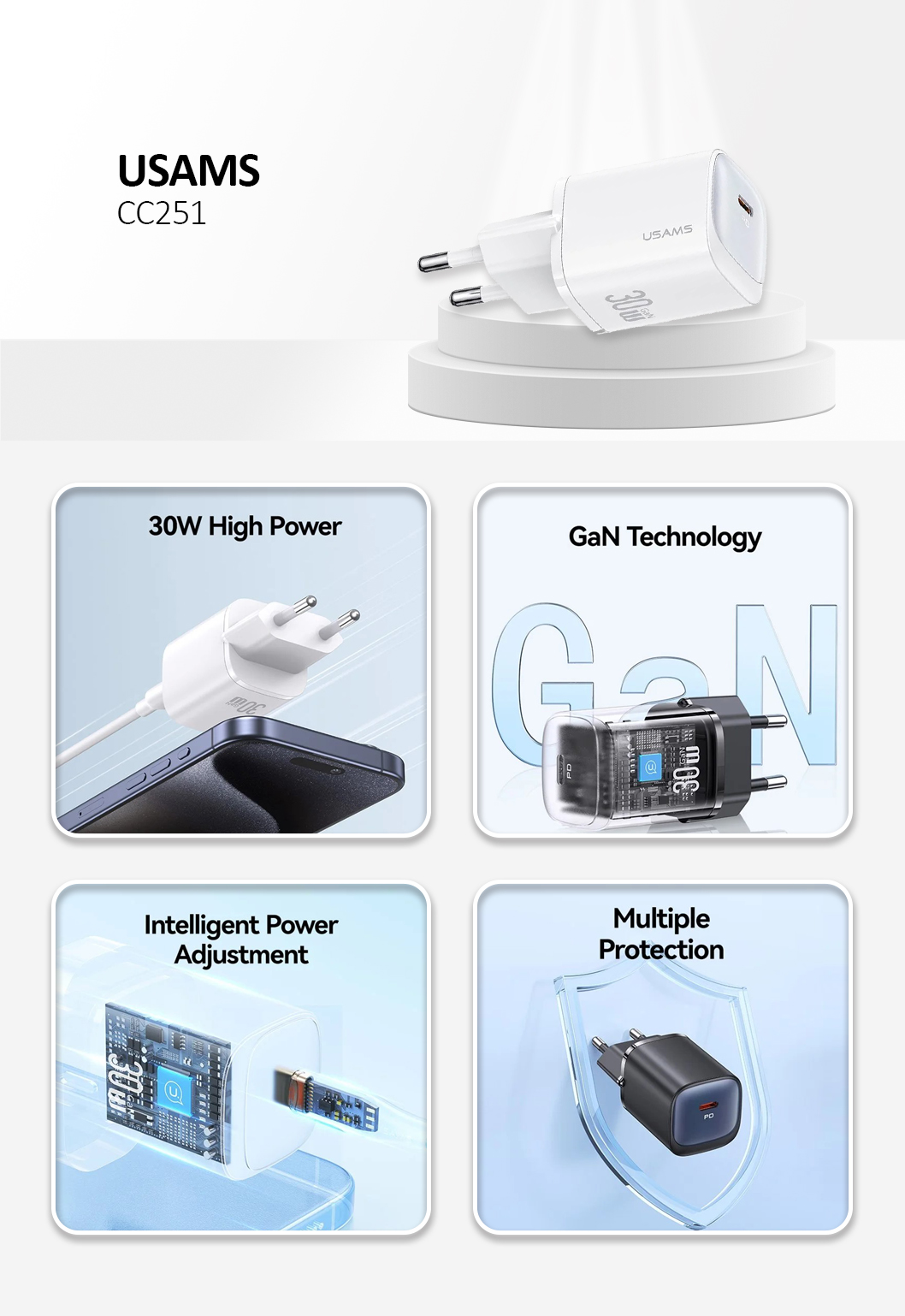 USAMS CC251 Fast GaN Charger PD 30W-White