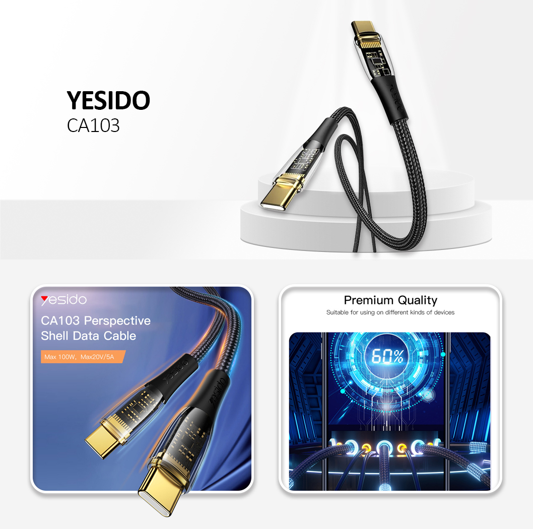 Yesido - Data Cable (CA103) - Type-C to Type-C, 100W, 1.2m - Black