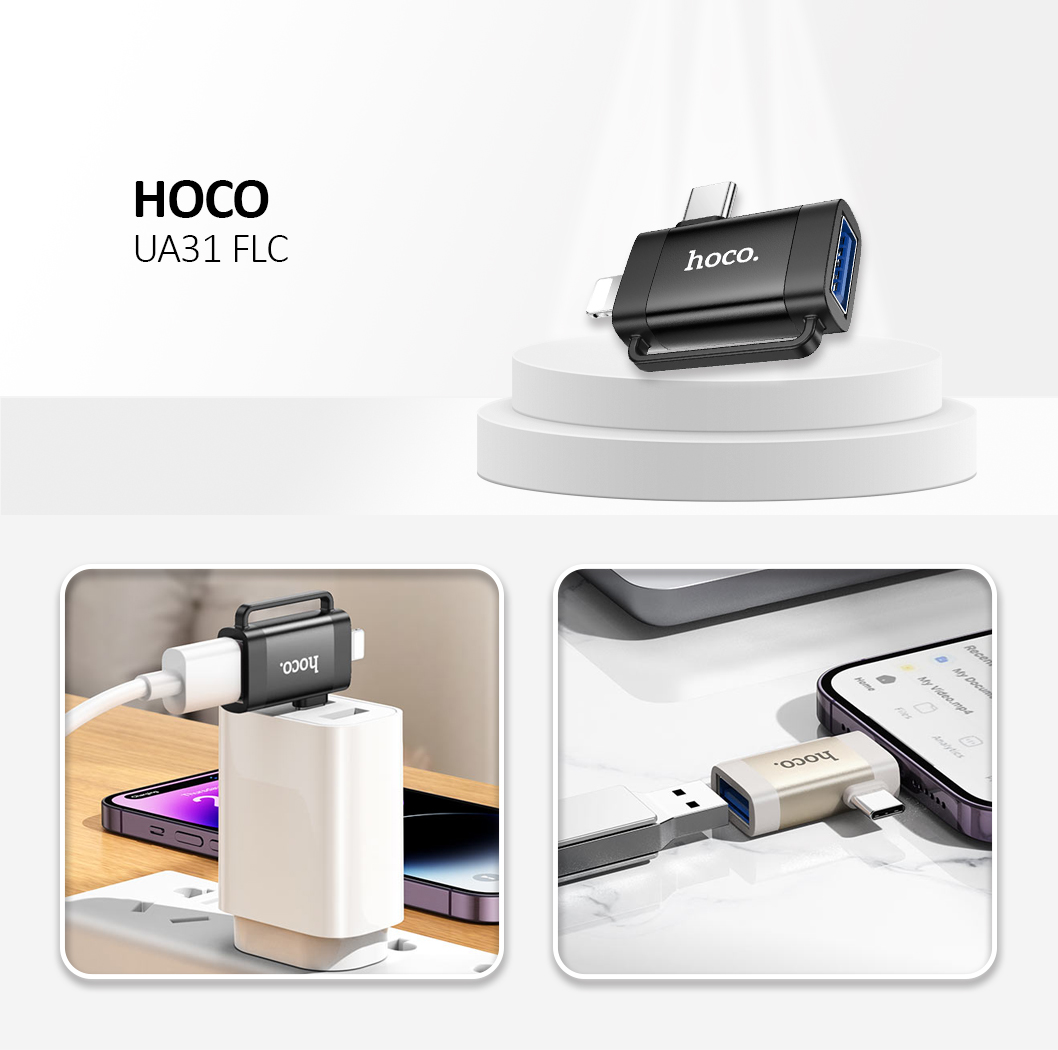 HOCO adapter OTG 2in1 Type C (male)  / Lightning (male)  to USB A (female) UA31F black