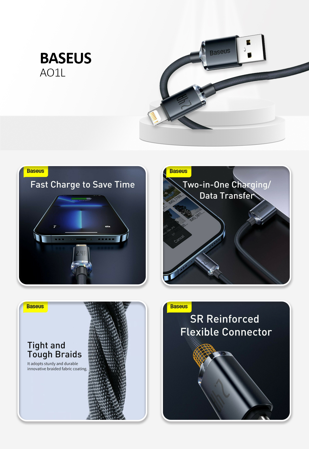 BASEUS cable  USB A to Lightning 2,4A Cafule Metal 1 m black