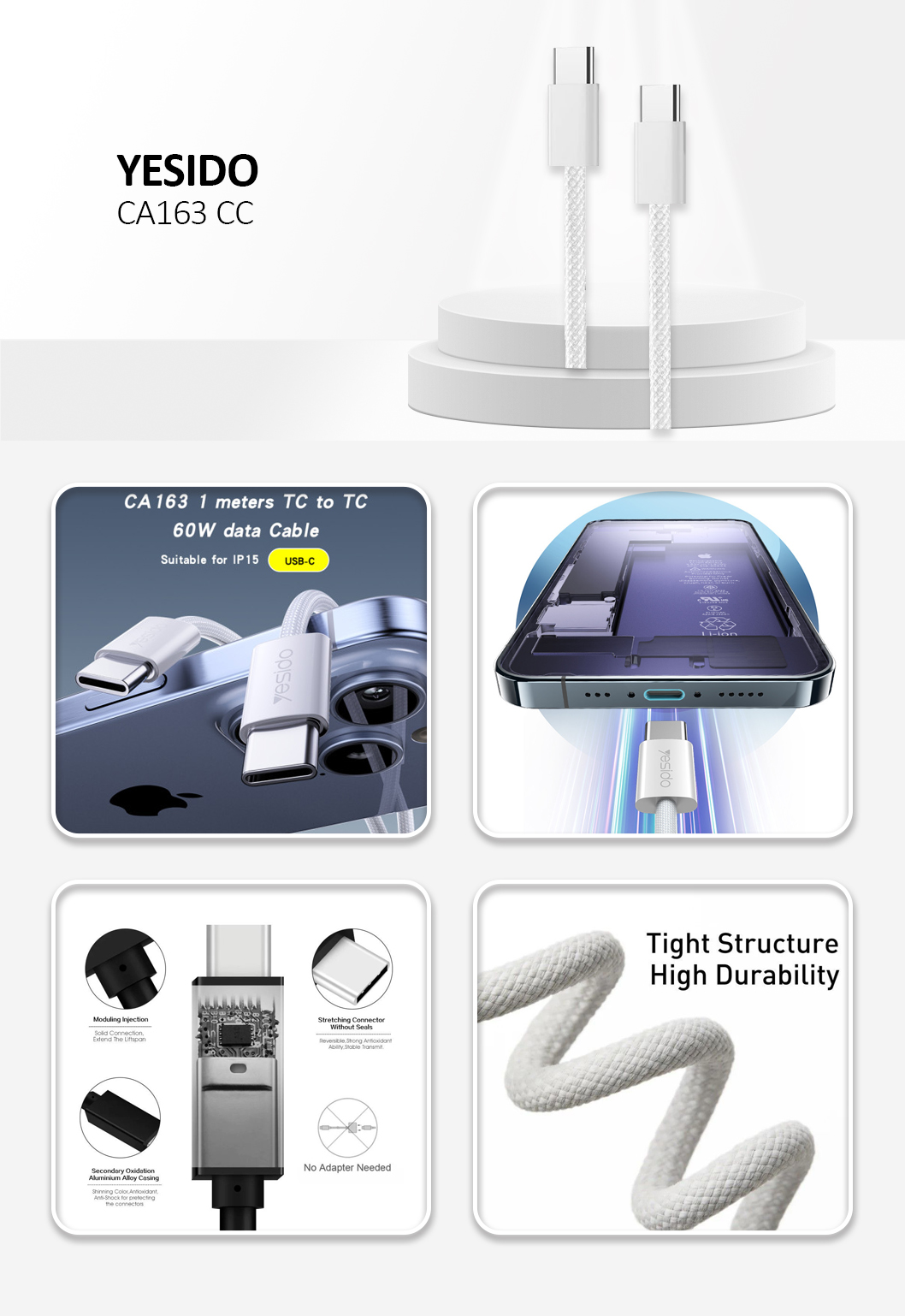 YESIDO CA163 Dual Type-C PD 60W Fast Charger White