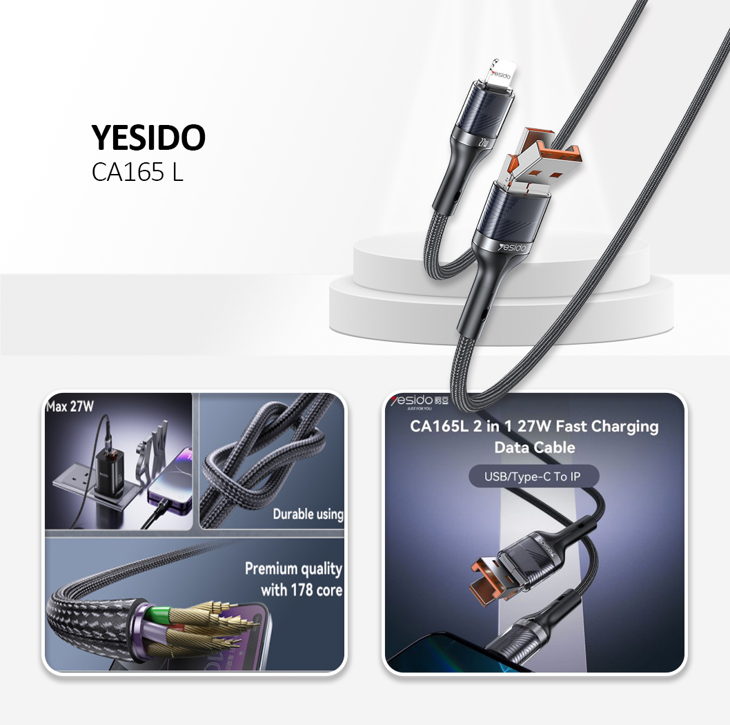 YESIDO CA165L Data Cable 2 in 1 USB & Type-C Black