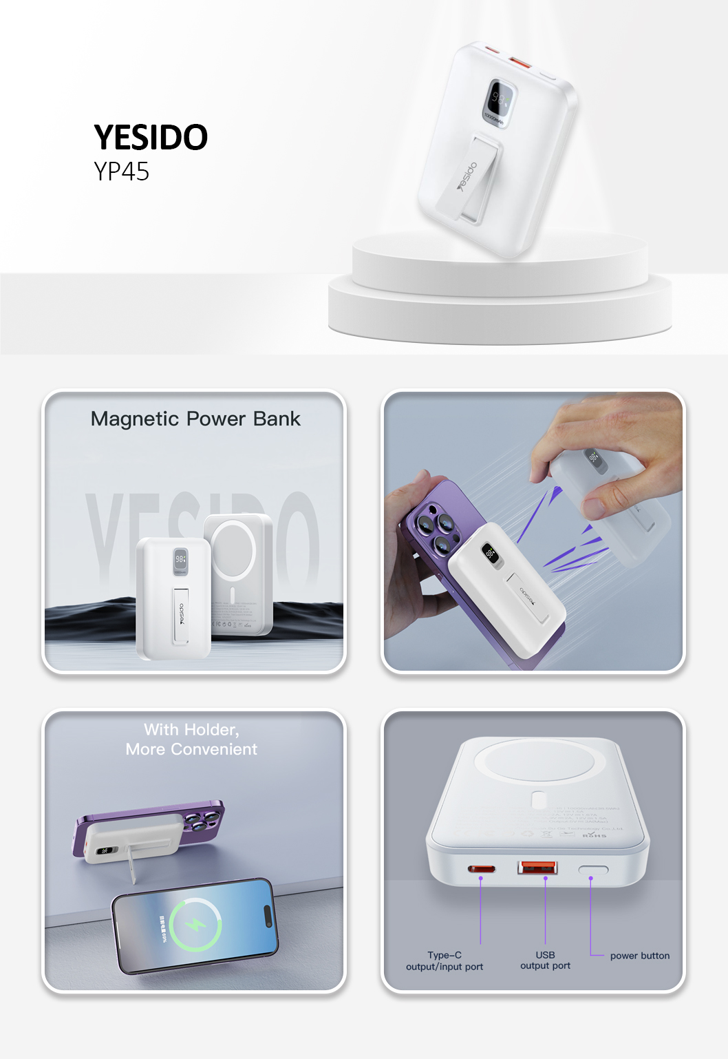 YESIDO YP45 Magsafing Magnetic Wireless Charging Power Bank White