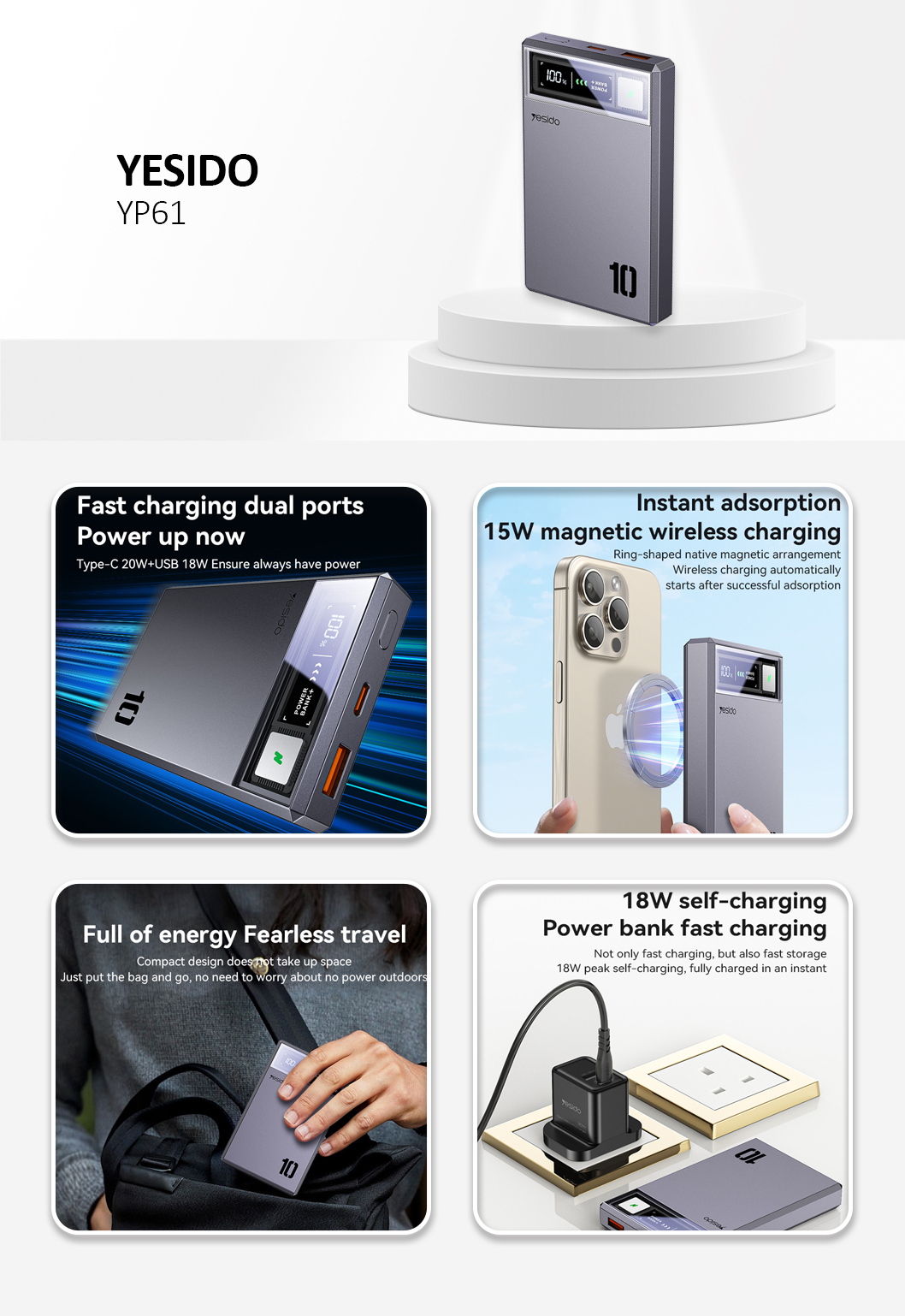 YESIDO YP61 Power Bank10000mAh Magnetic Wireless Charging 22.5W Black