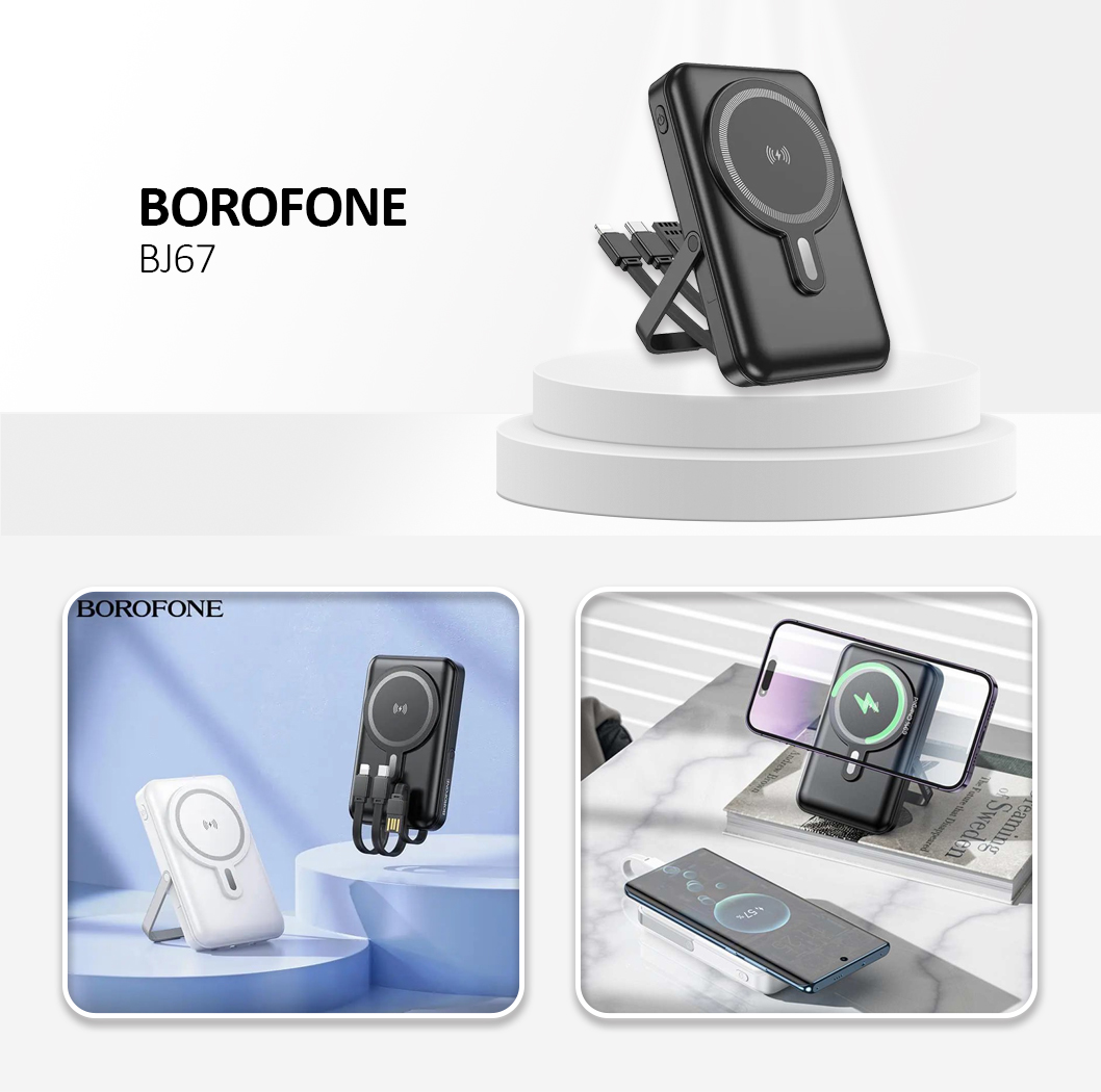 Borofone Power Bank BJ67 Clever 10000mAh  PD 20W Magnetic with Induction Charging, with Type C, Lightning and USB Cables, Black
