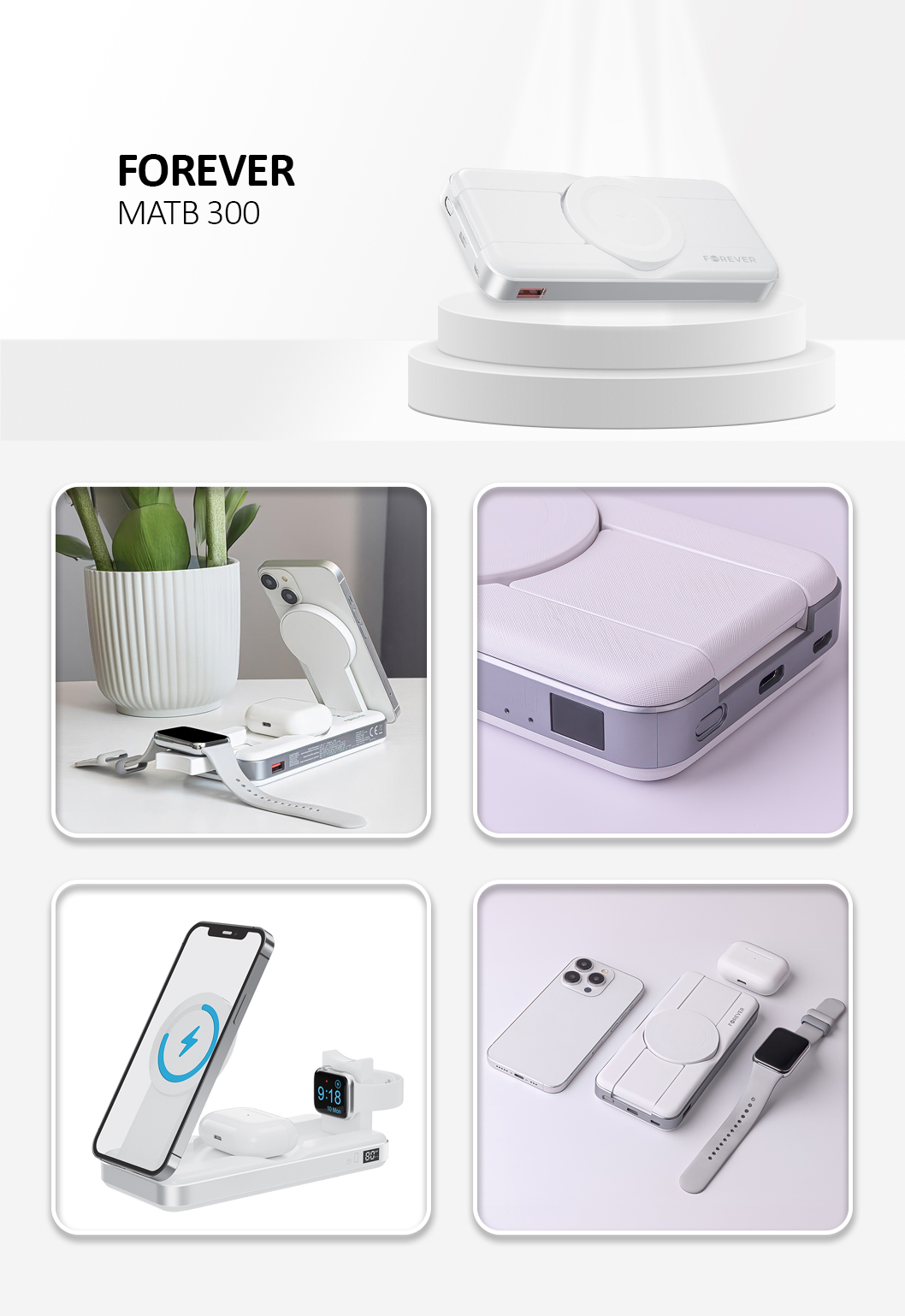 Forever Wireless Power Bank MATB-300 10000 mAh 3in1 White