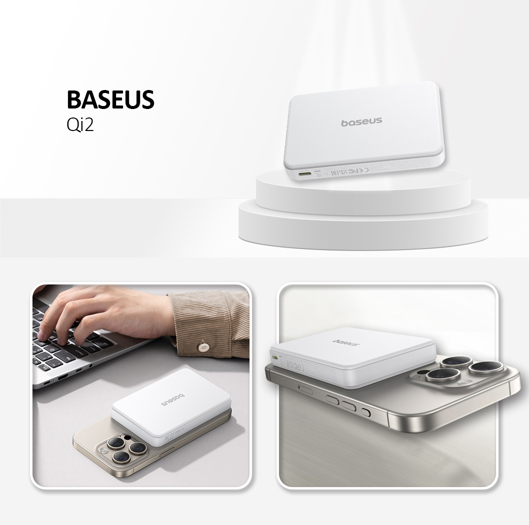 Baseus Airpow Qi2 Magnetic Power Bank 10000mAh 22.5W With Cable Moon White